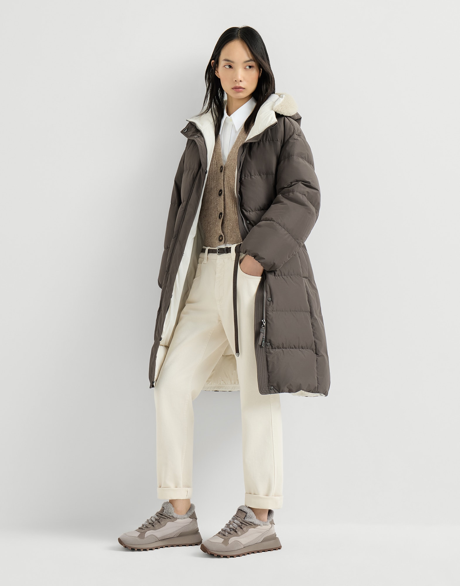 Suede, cotton and shearling sneakers for Woman in Light Grey