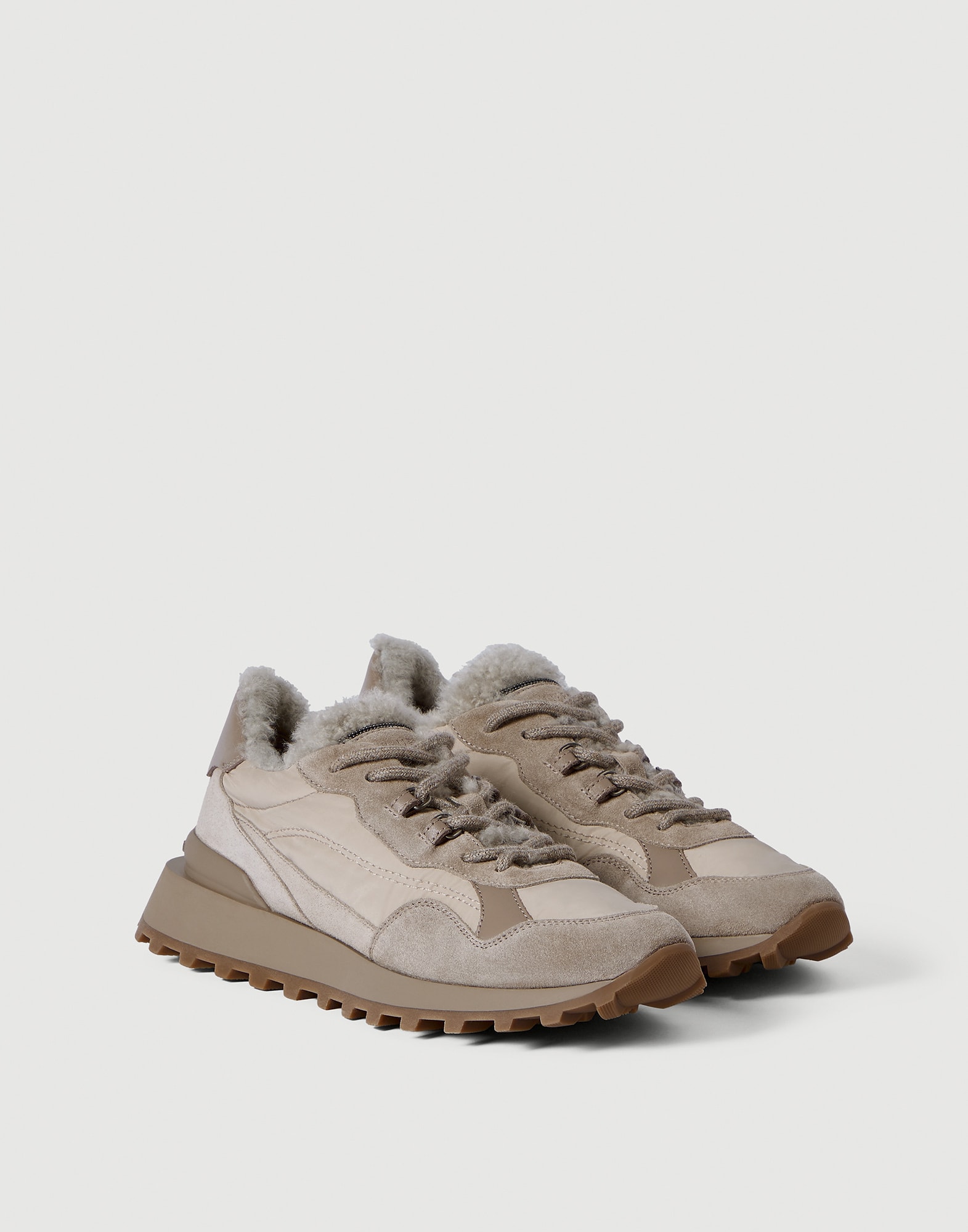 Suede, cotton and shearling sneakers for Woman in Light Grey
