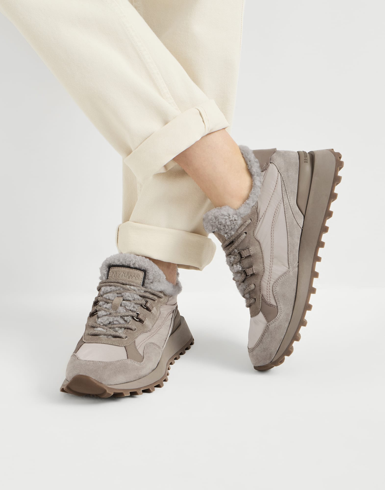 Suede, cotton and shearling sneakers for Woman in Light Grey