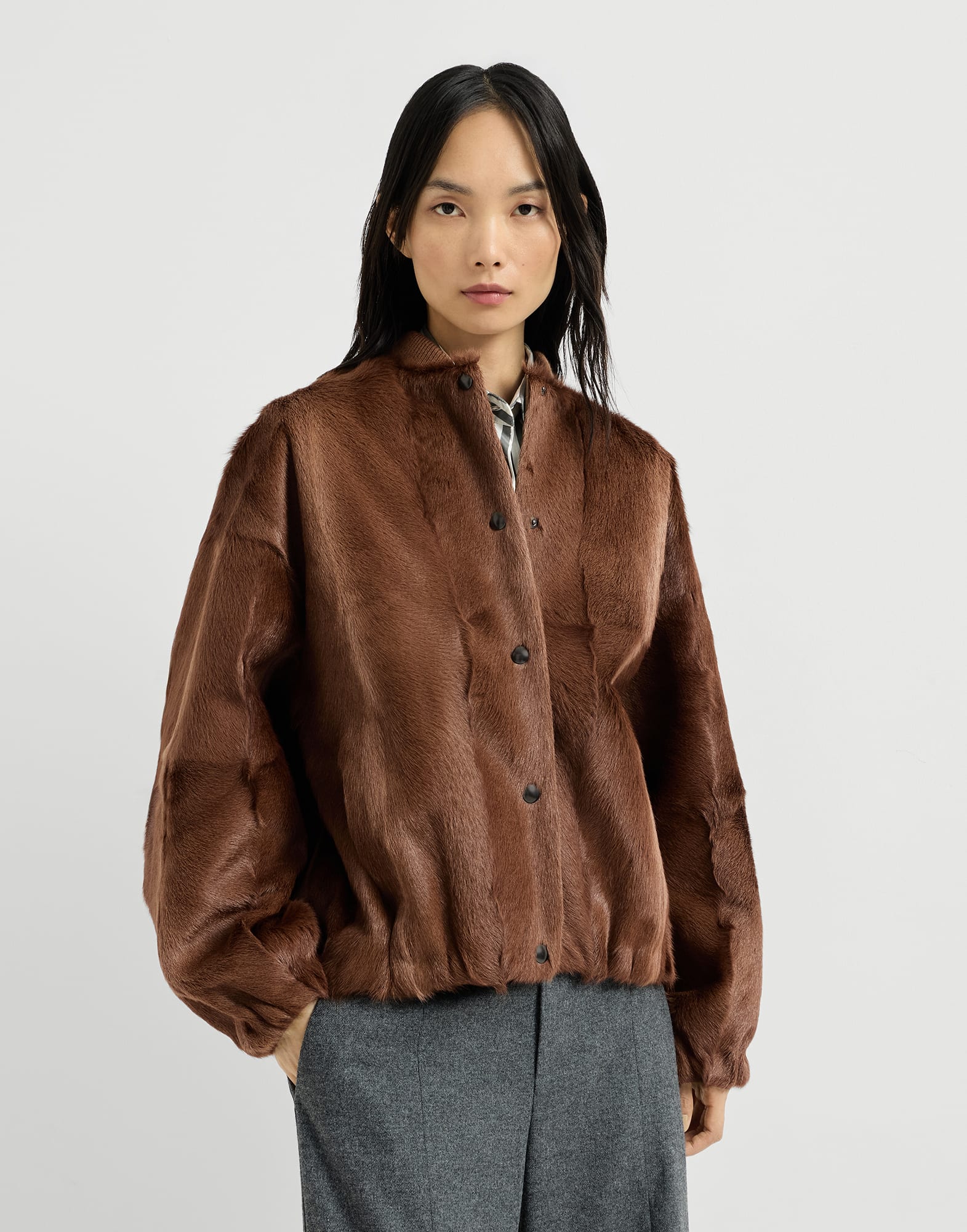 Shearling bomber jacket for Woman in Mahogany | Brunello Cucinelli