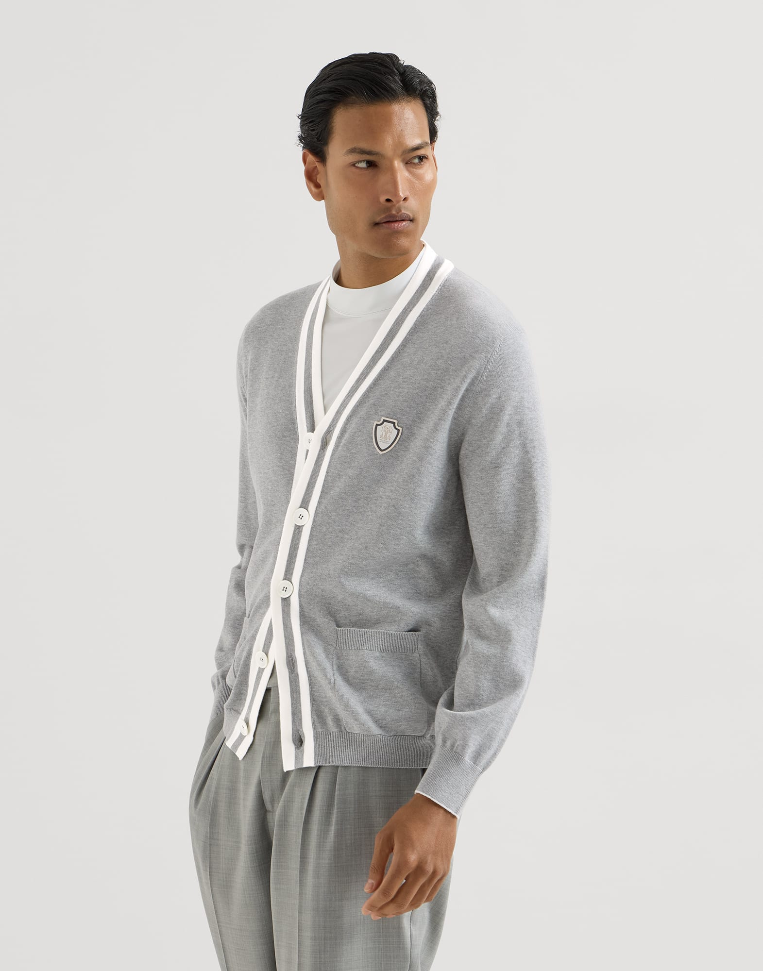 メンズ 向け グレー ロゴ付き コットン カーディガン | Brunello Cucinelli