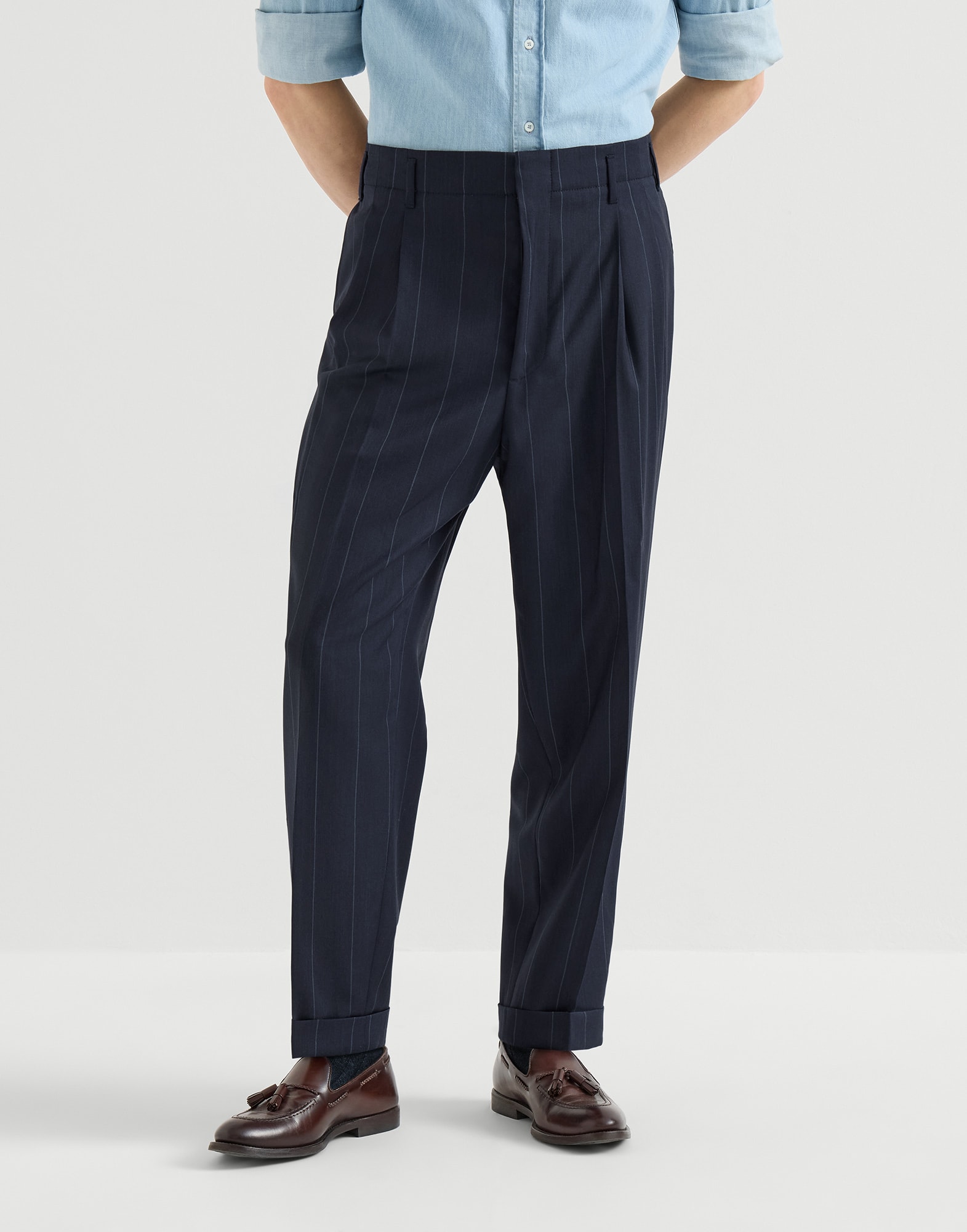 Chalk stripe trousers Navy Blue Man - Brunello Cucinelli