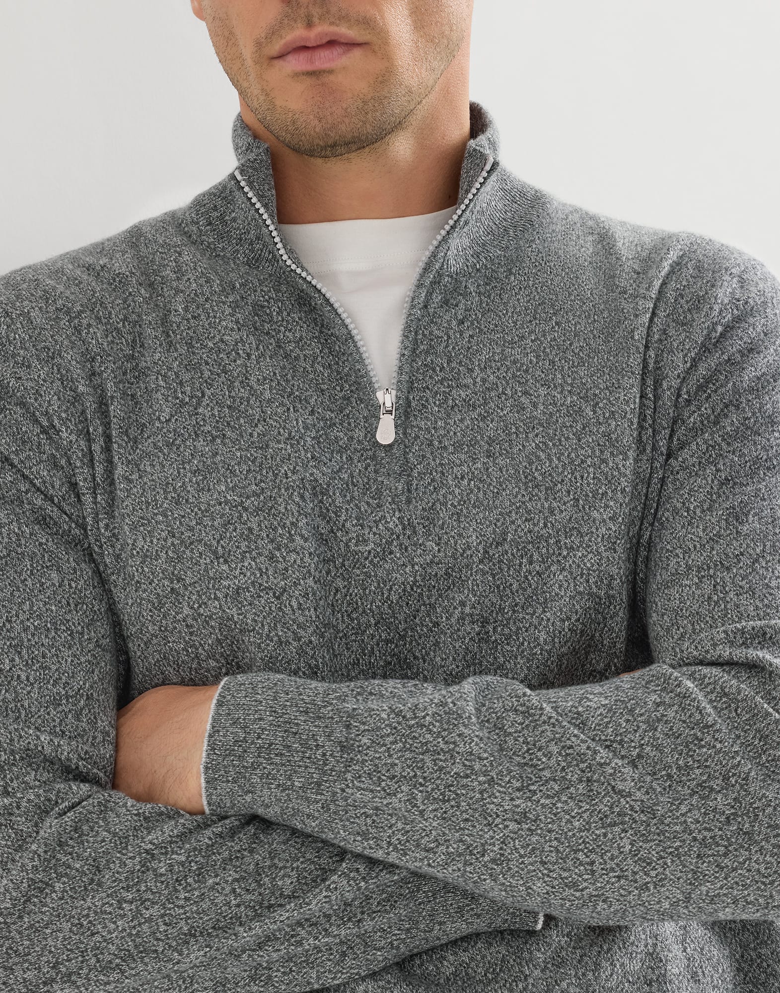 Cashmere sweater with zipper for Man in Dark Grey | Brunello Cucinelli