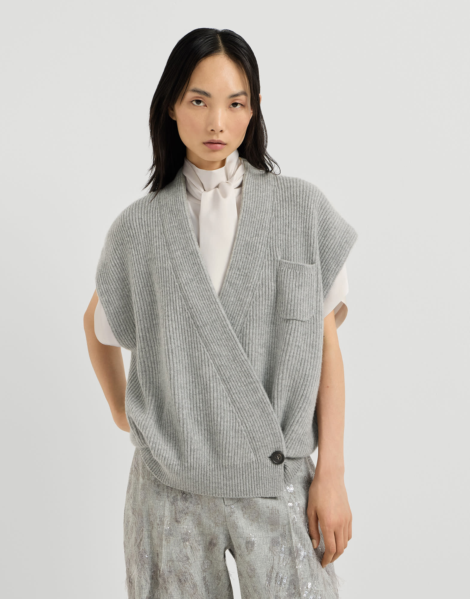 Cashmere rib wrap cardigan for Woman in Grey | Brunello Cucinelli