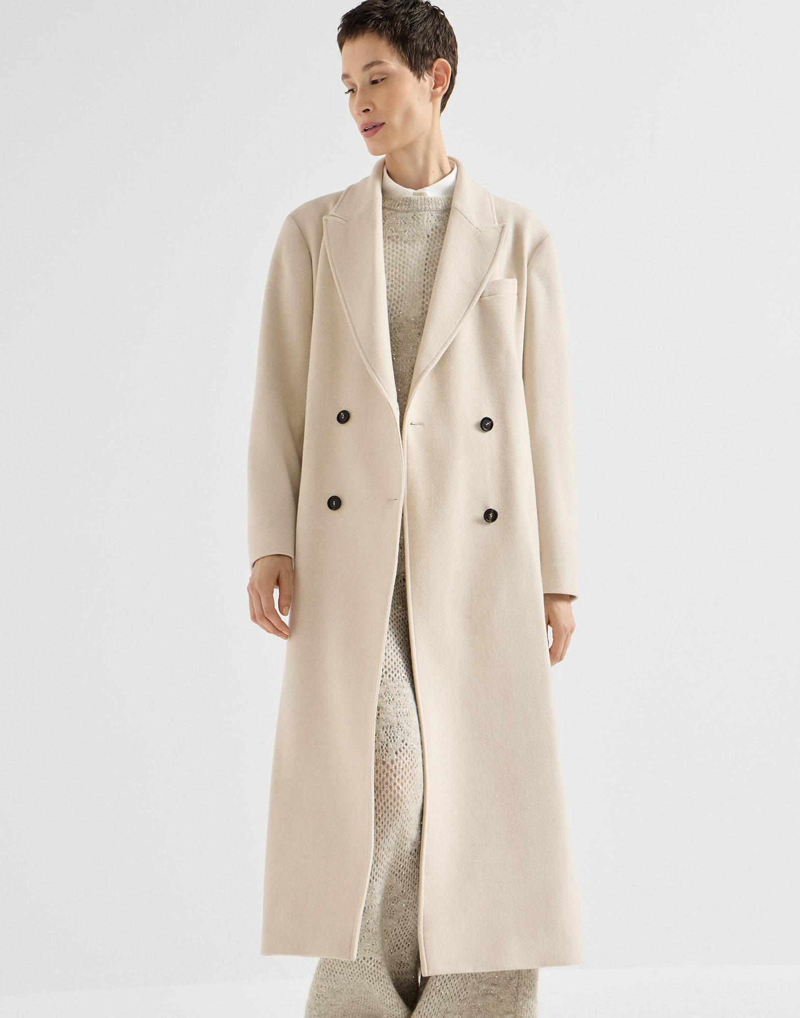 Cashmere coat with belt and monili for Woman in Black | Brunello
