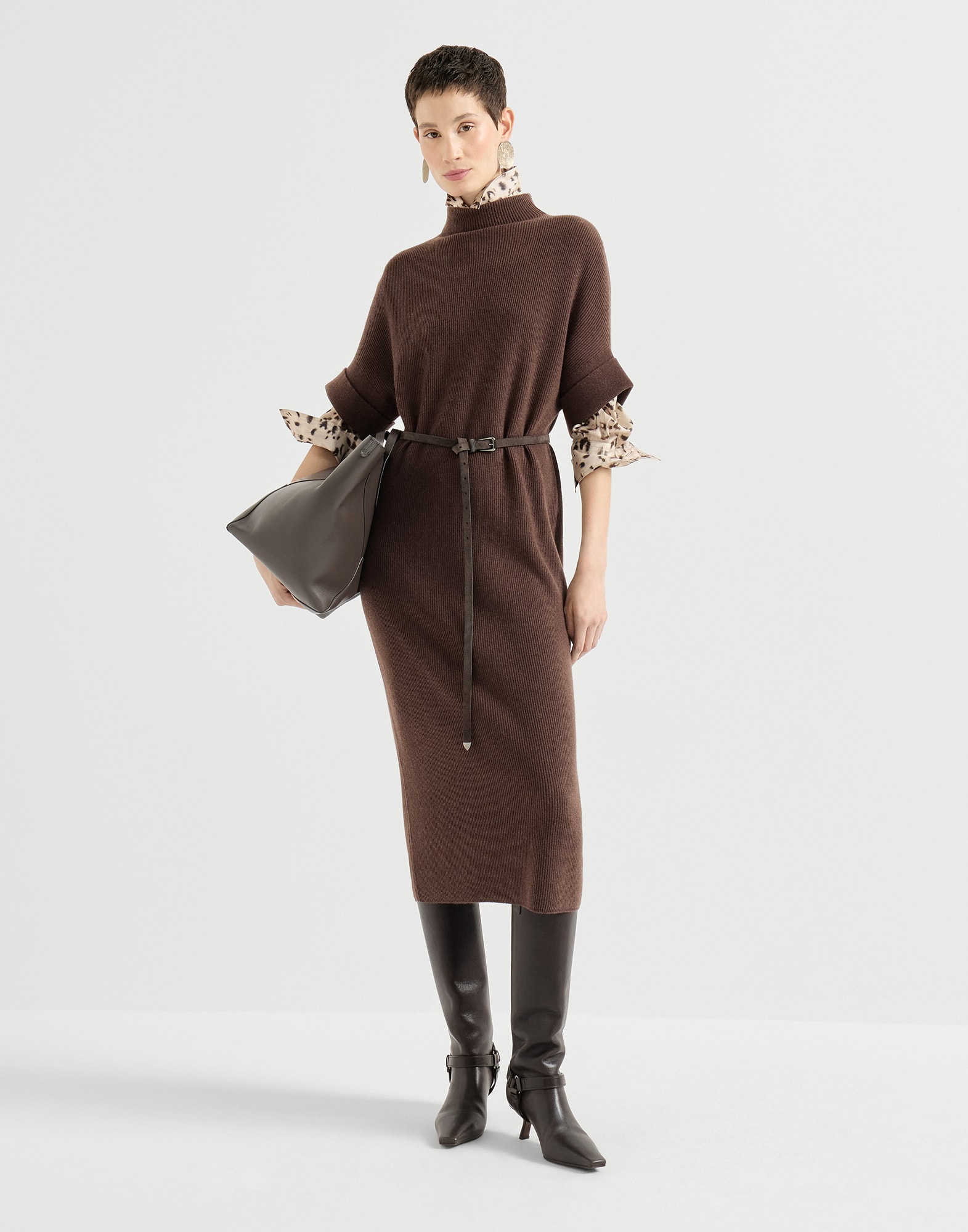 Knit mock neck dress for Woman in Brown | Brunello Cucinelli