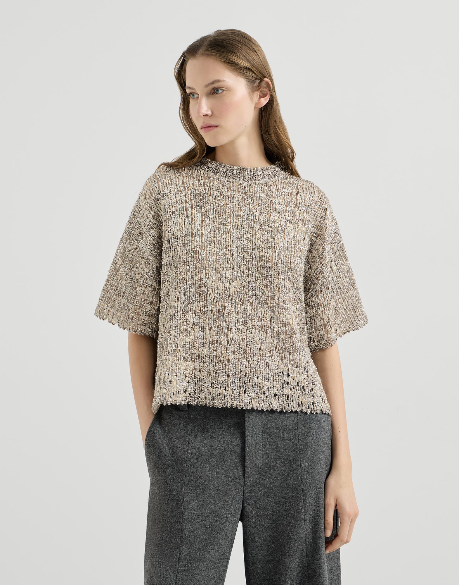 Dazzling Craquelé Embroidery T-shirt for Woman in Silver