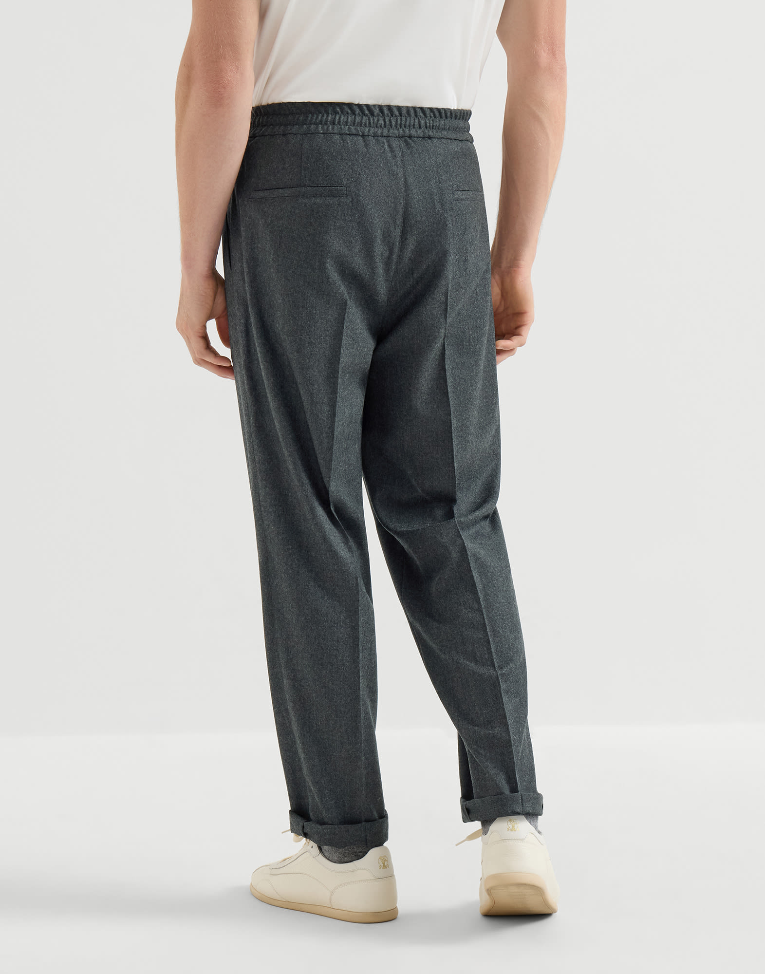 Virgin wool flannel trousers for Man in Black | Brunello Cucinelli