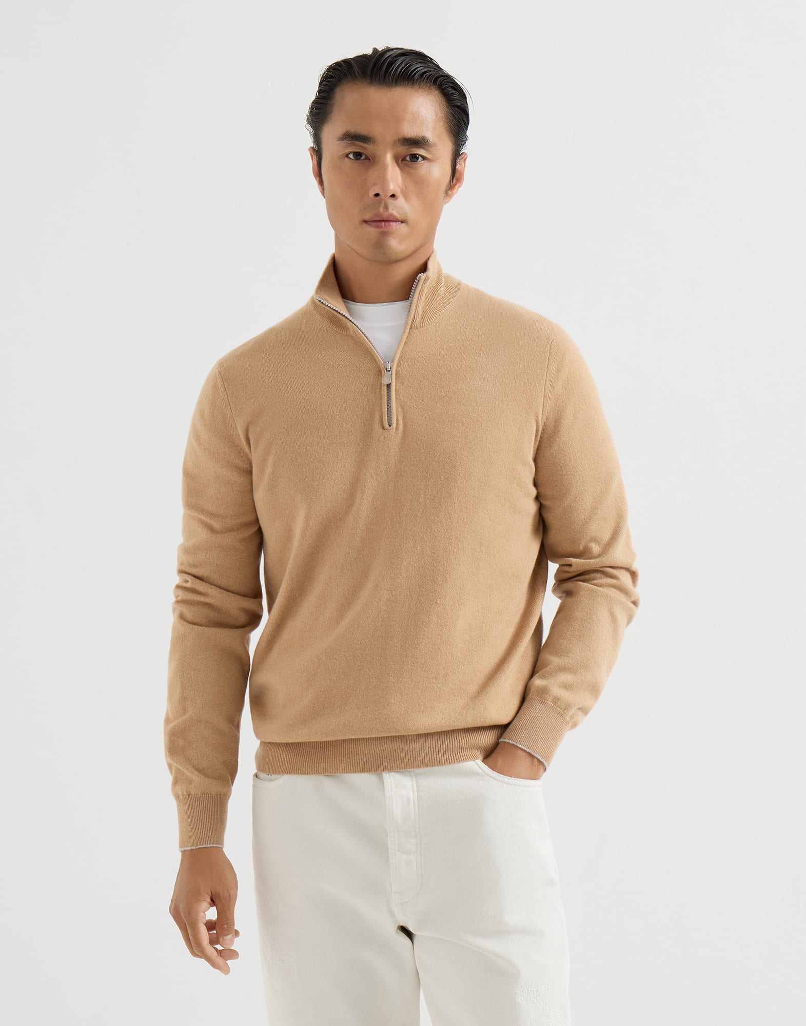 BRUNELLO CUCINELLI ニット 半袖 ジップアップ ベージュ Vicuña zip-up sweater for Man in Beige | Brunello Cucinelli
