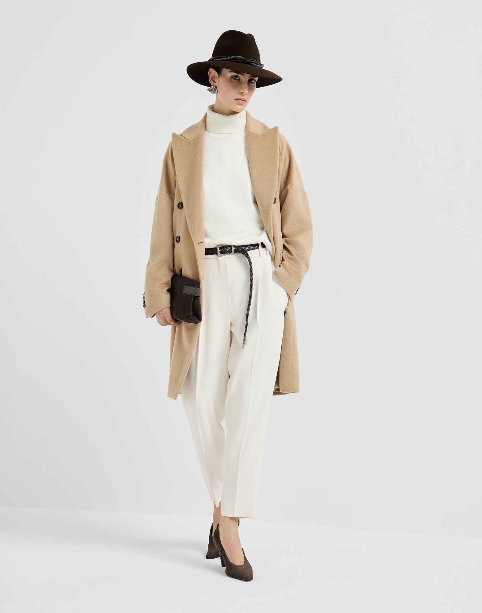 Vicuña beaver cloth coat with monili for Woman in Grey | Brunello