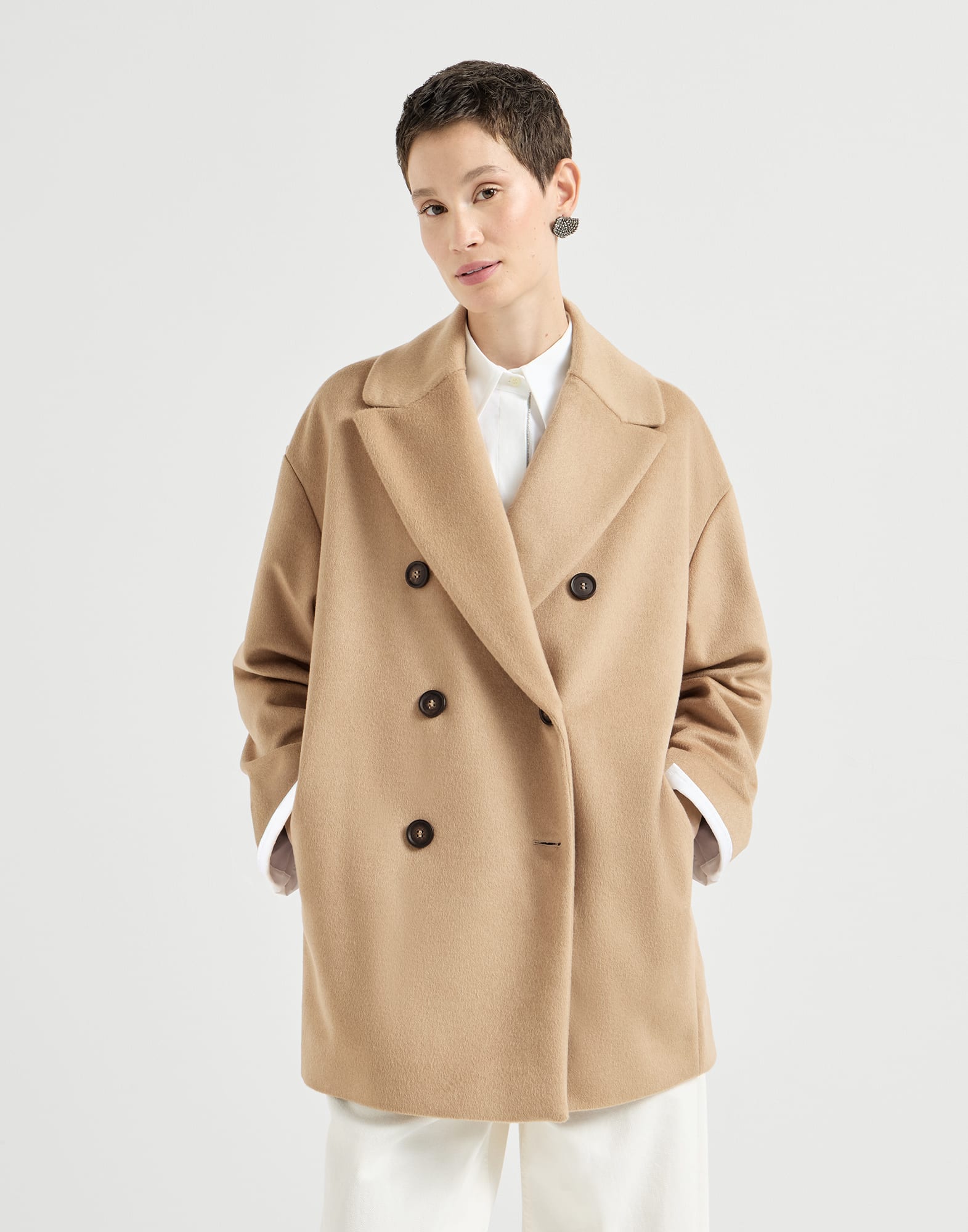 Vicu&ntilde;a beaver cloth pea coat with monili Beige Woman - Brunello Cucinelli