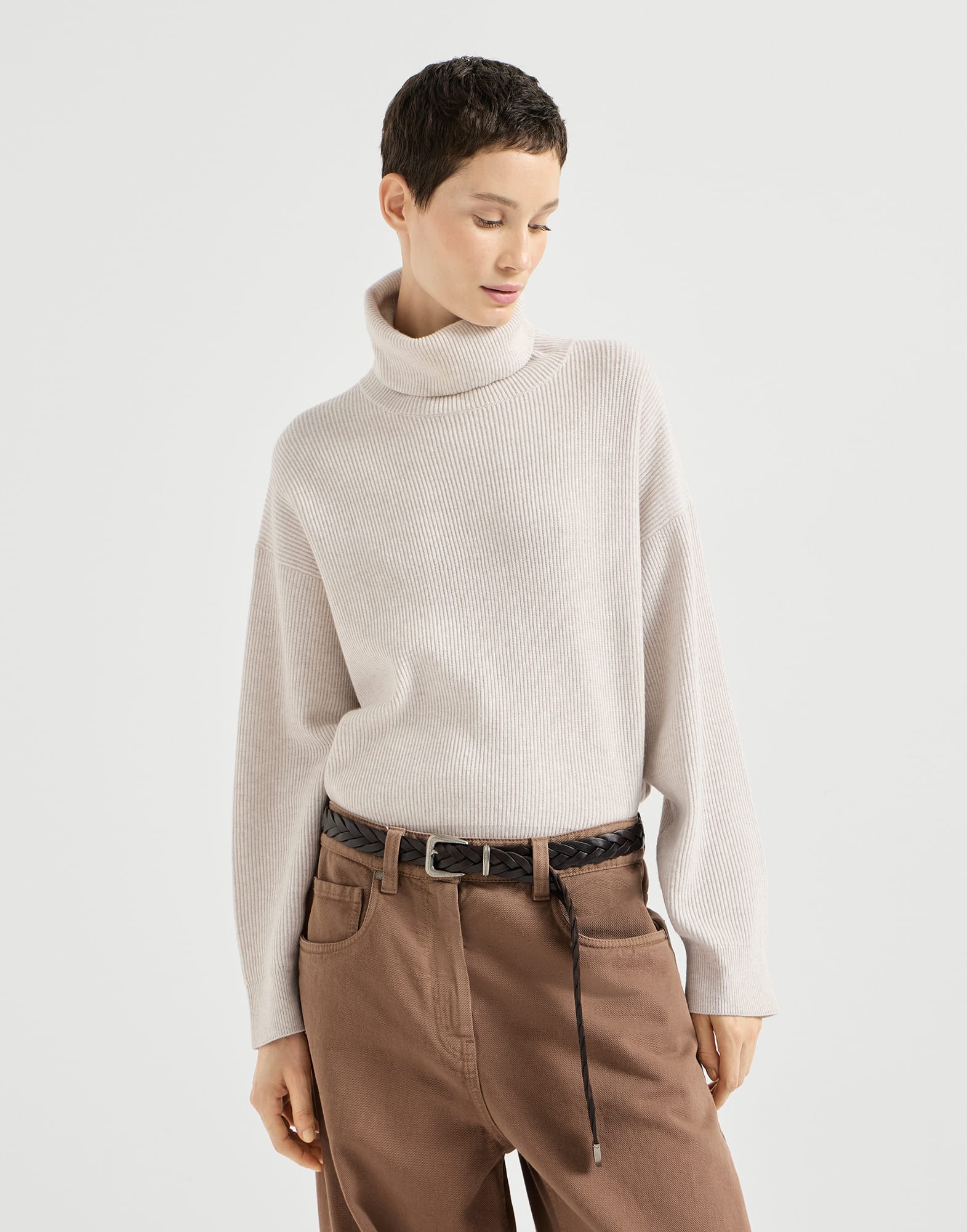 Ribbed turtleneck sweater Cool Beige Woman - Brunello Cucinelli