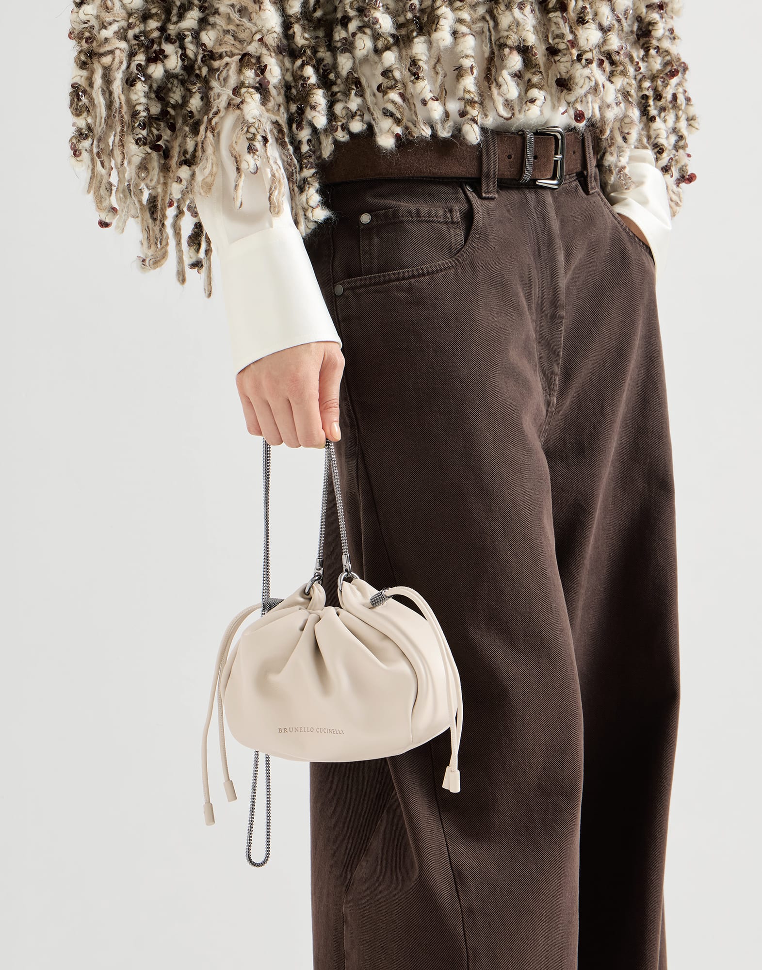 Soft leather mini Mellow Bucket bag for Woman in Ivory | Brunello