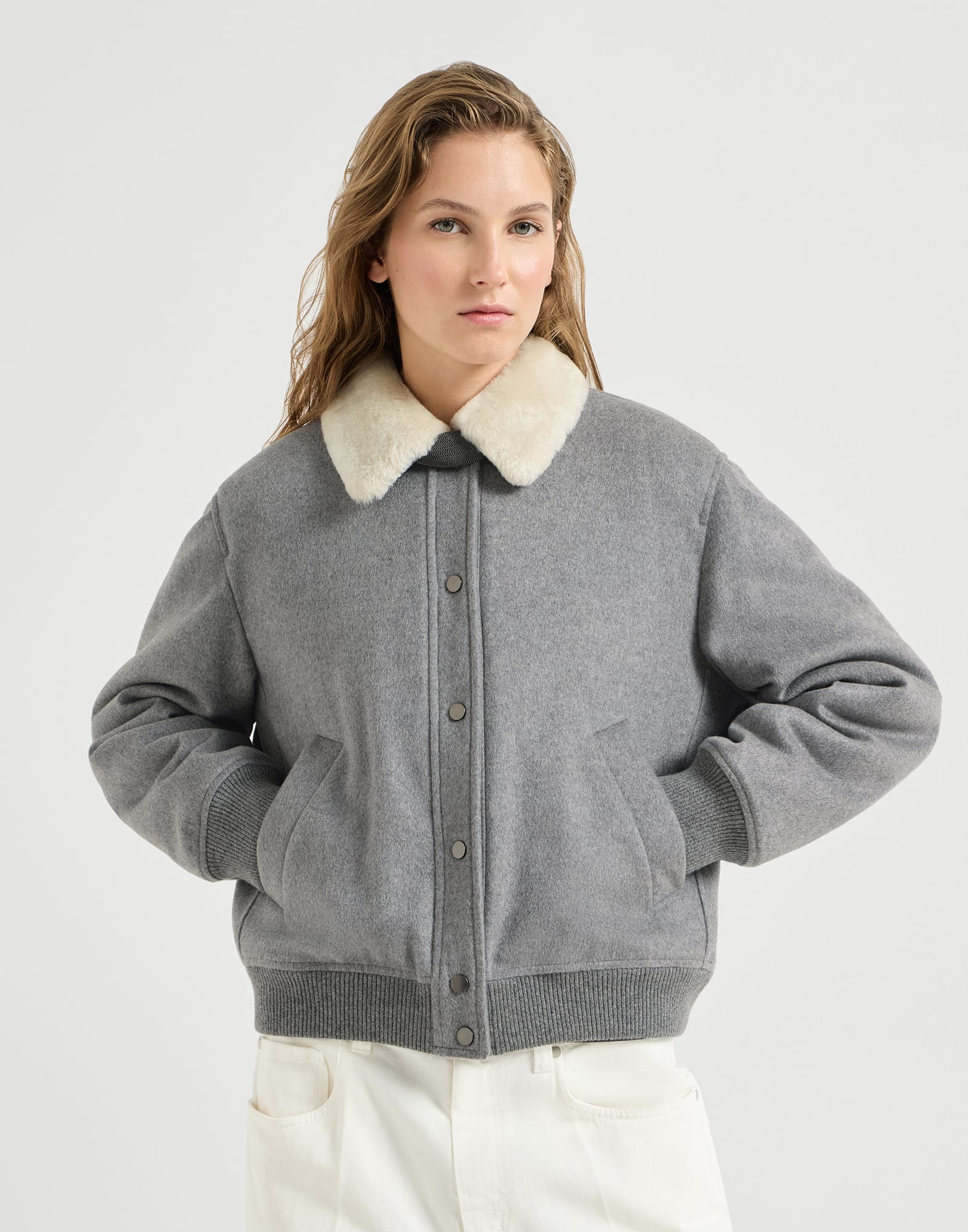 Cashmere and vicu&ntilde;a aviator jacket Grey Woman - Brunello Cucinelli