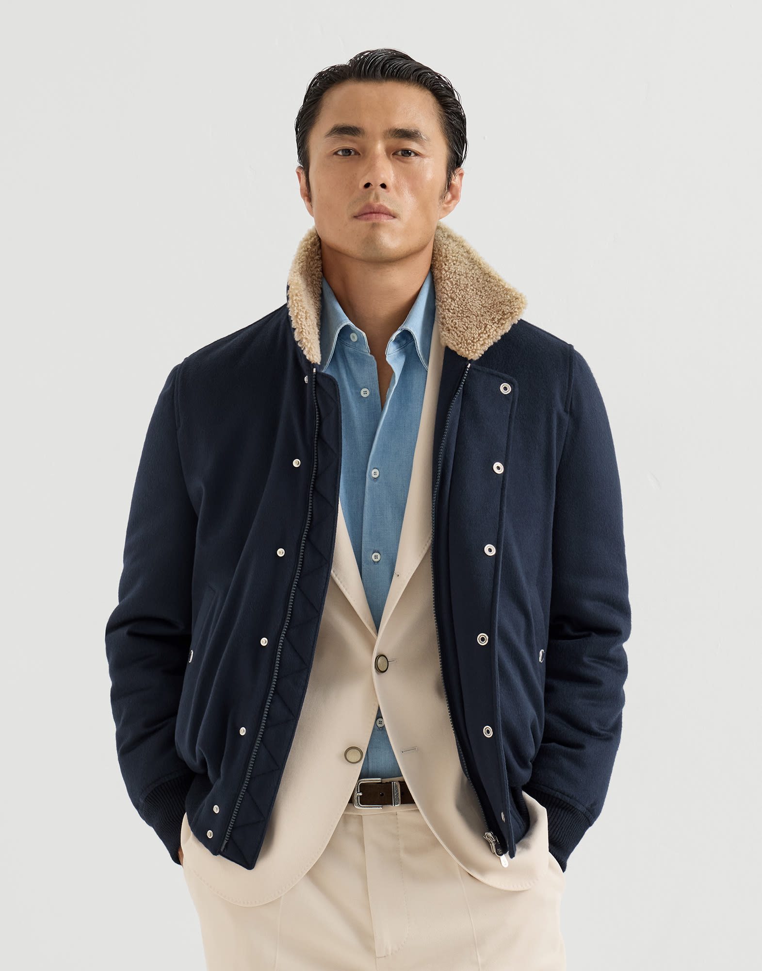 Aviator jacket in vicuña and shearling for Man in Blue | Brunello