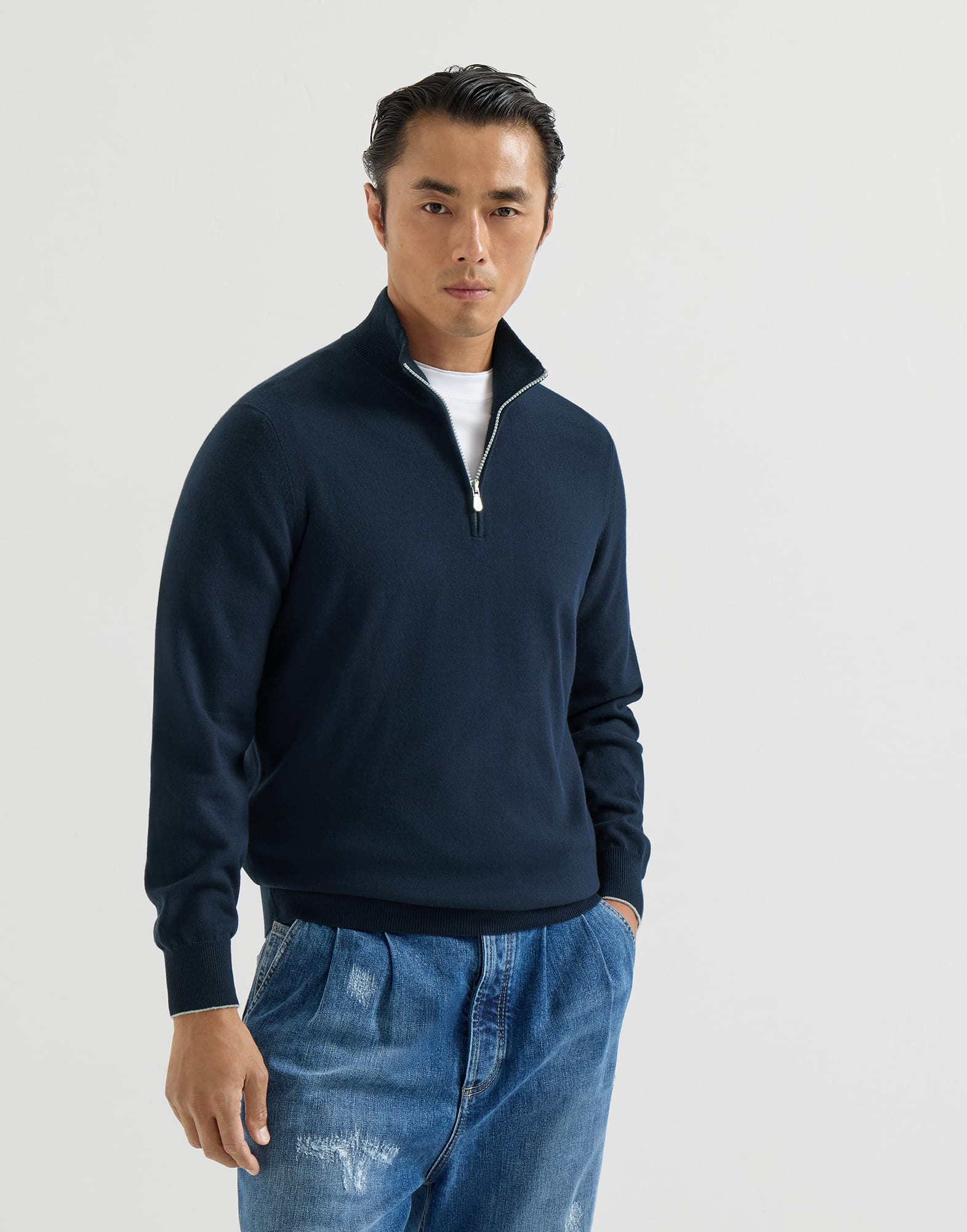 Vicuña zip-up sweater for Man in Blue | Brunello Cucinelli