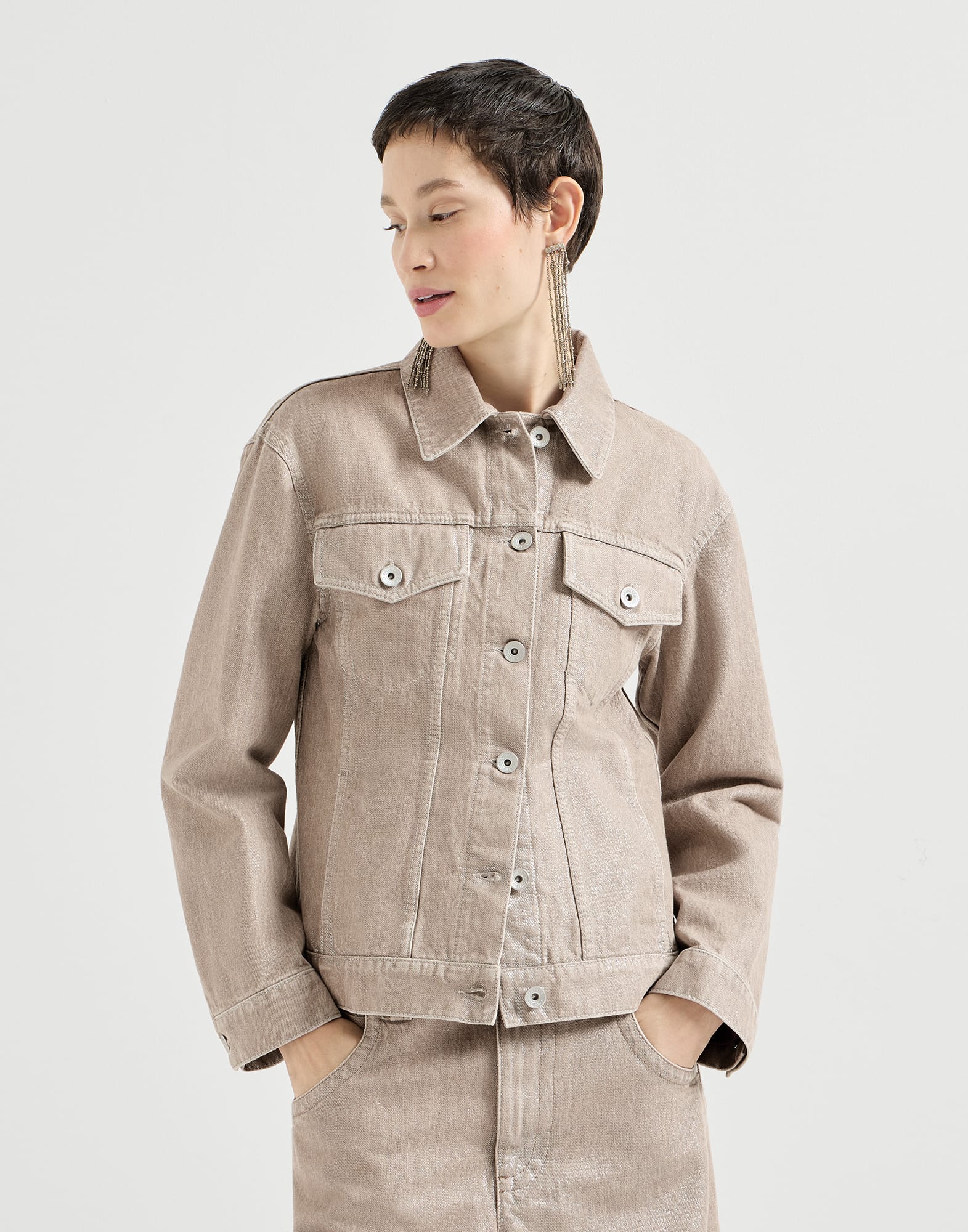 Beige lam&eacute; denim outerwear jacket Rope Woman - Brunello Cucinelli