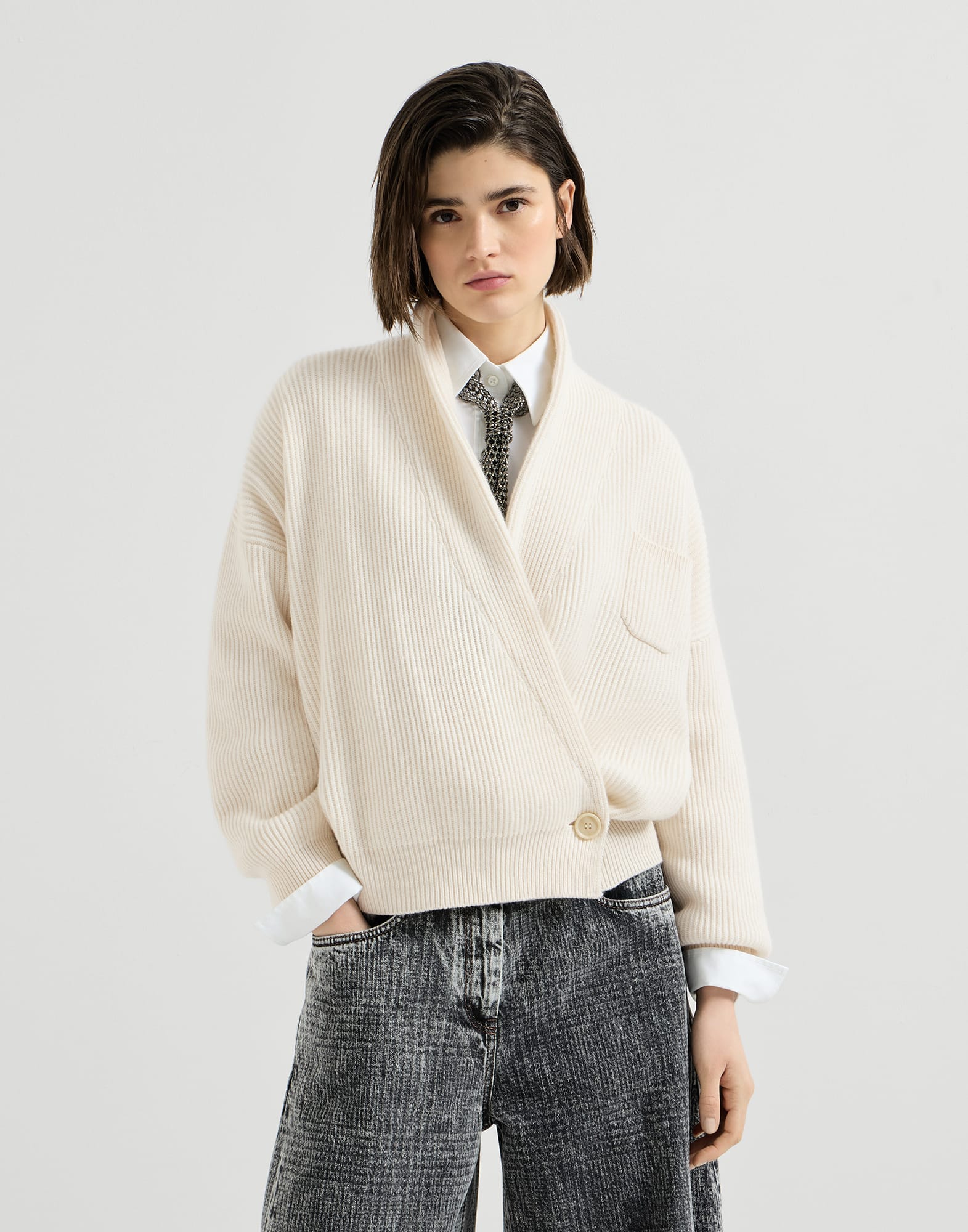 English rib cashmere cardigan Butter Woman - Brunello Cucinelli