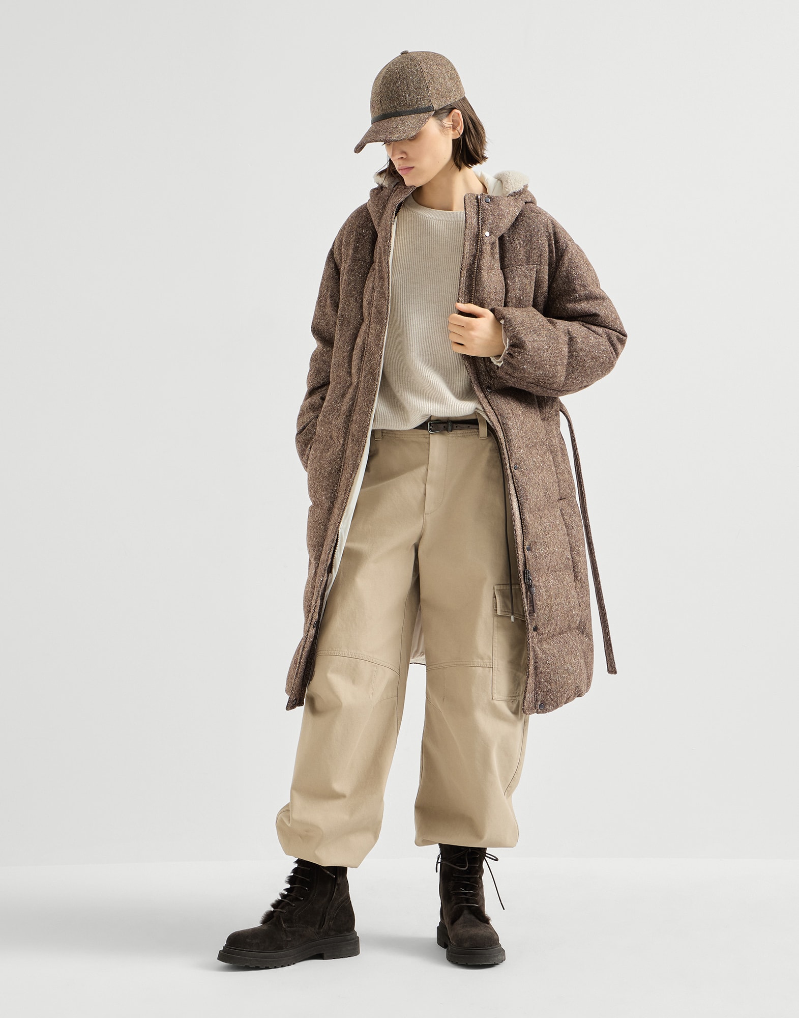 Virgin wool down coat with shearling for Woman in Brown | Brunello