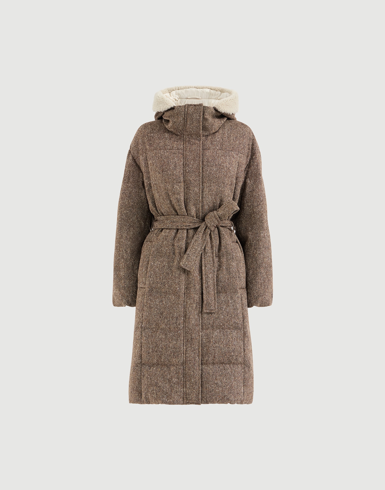 Virgin wool down coat with shearling for Woman in Brown | Brunello