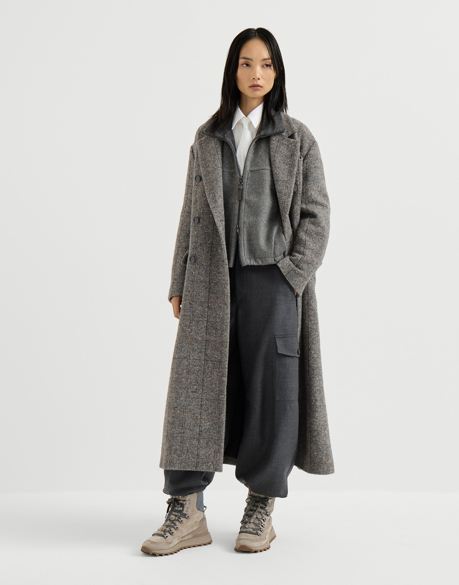 Check tweed coat for Woman in Dark Grey | Brunello Cucinelli