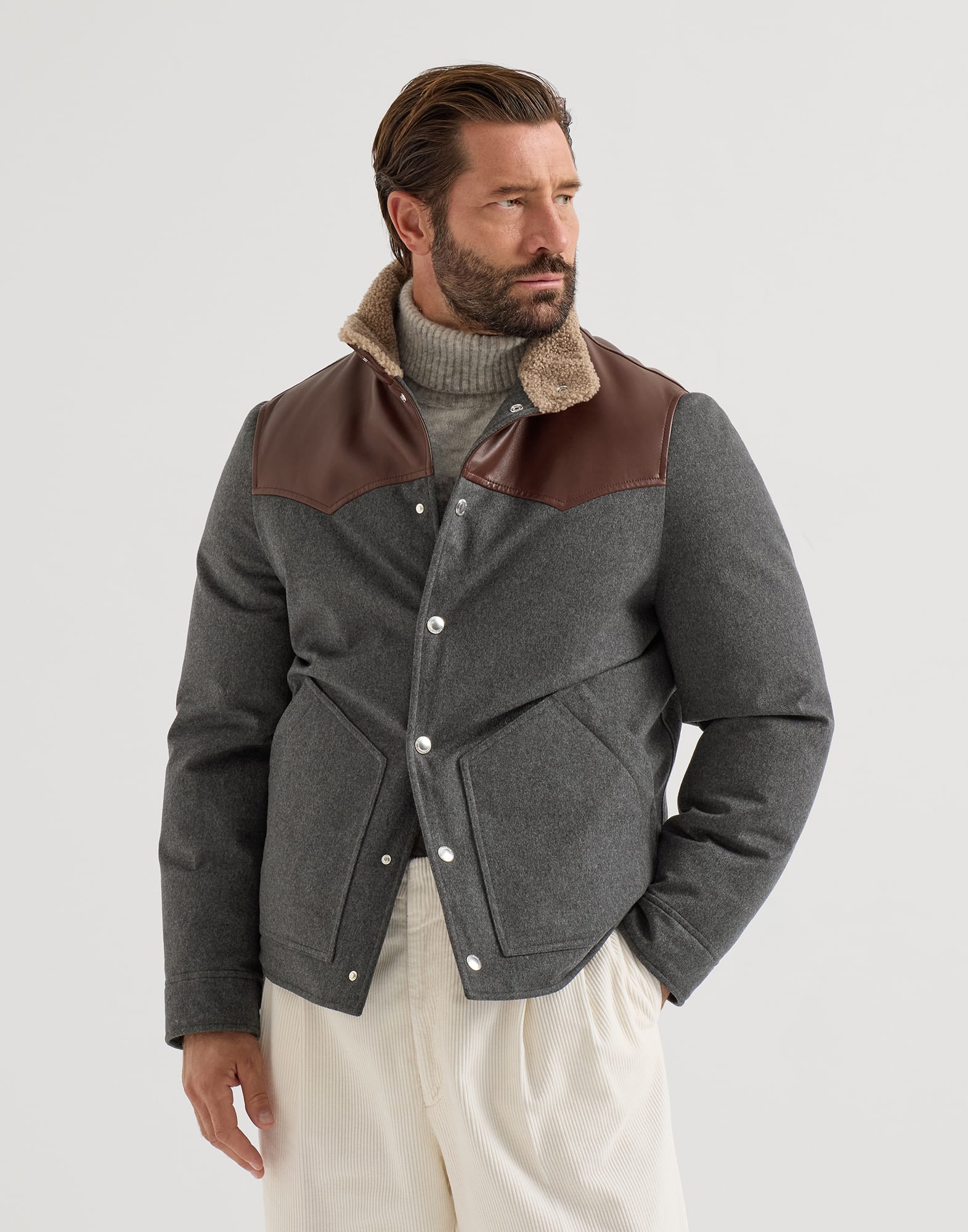 Flannel down jacket for Man in Dark Grey | Brunello Cucinelli