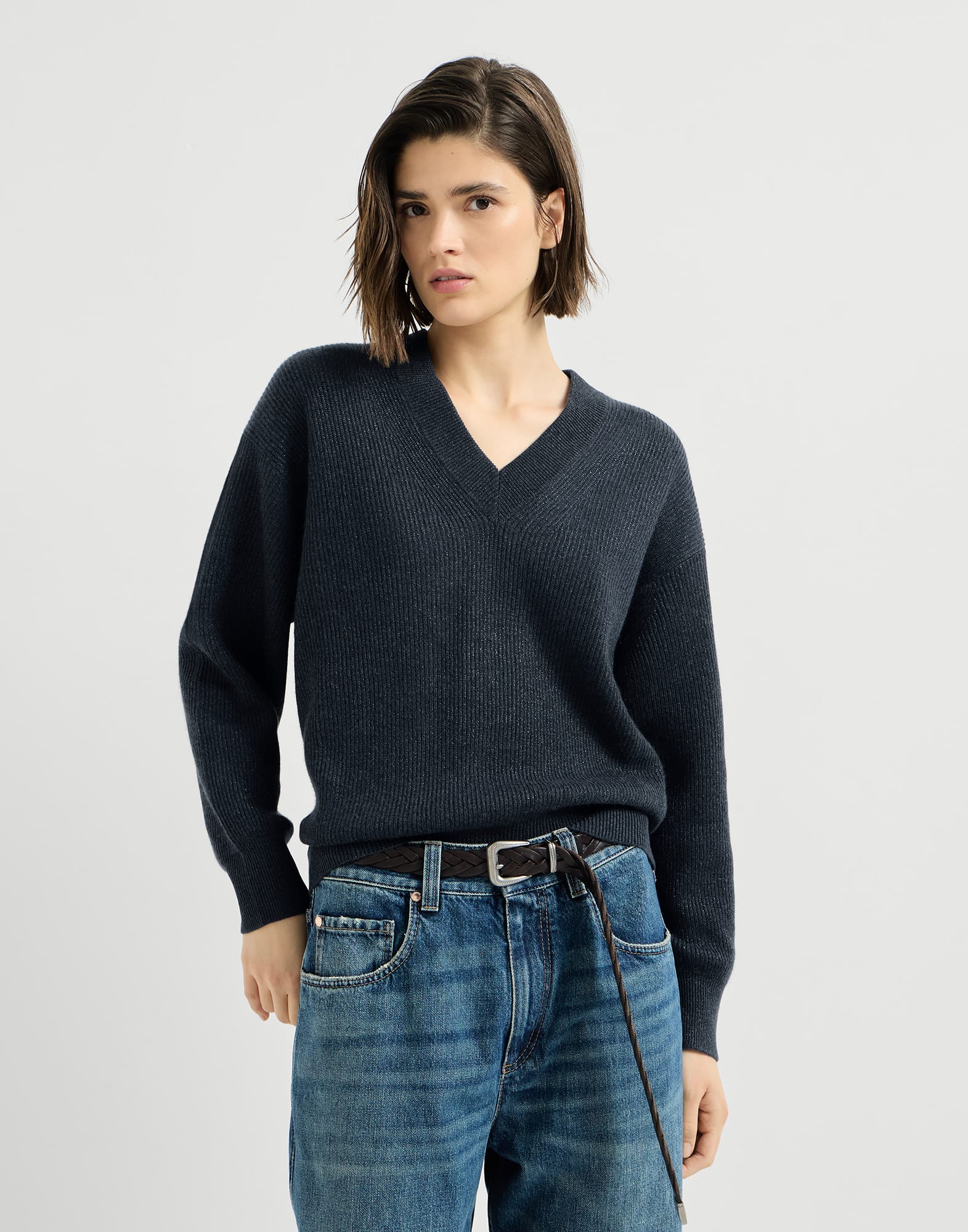 Sparkling cashmere cardigan for Woman in Blue | Brunello Cucinelli