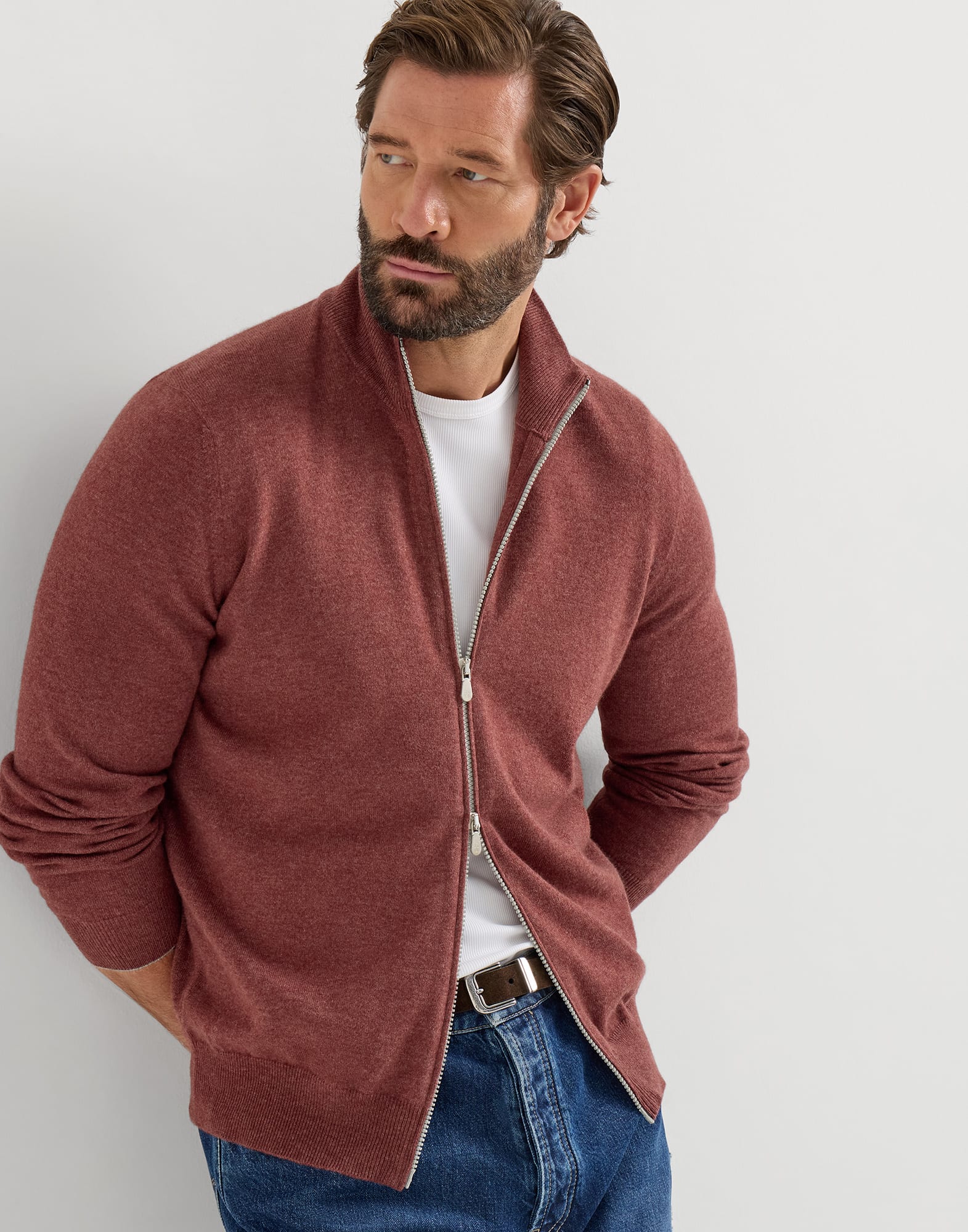 Cashmere high-neck cardigan with zipper for Man in Grey | Brunello