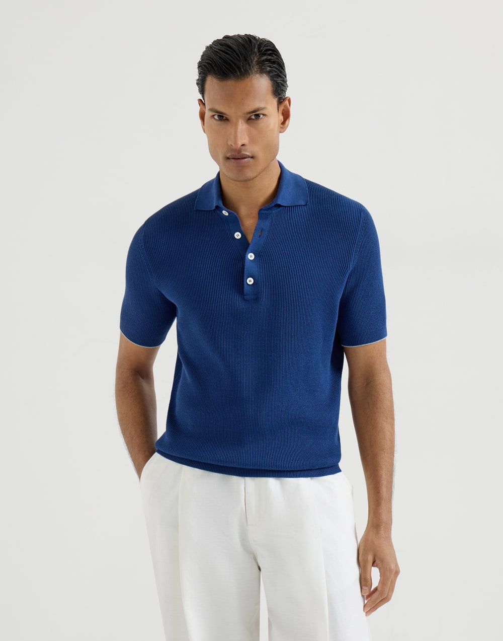 Half English rib knit polo Avio Blue Man - Brunello Cucinelli