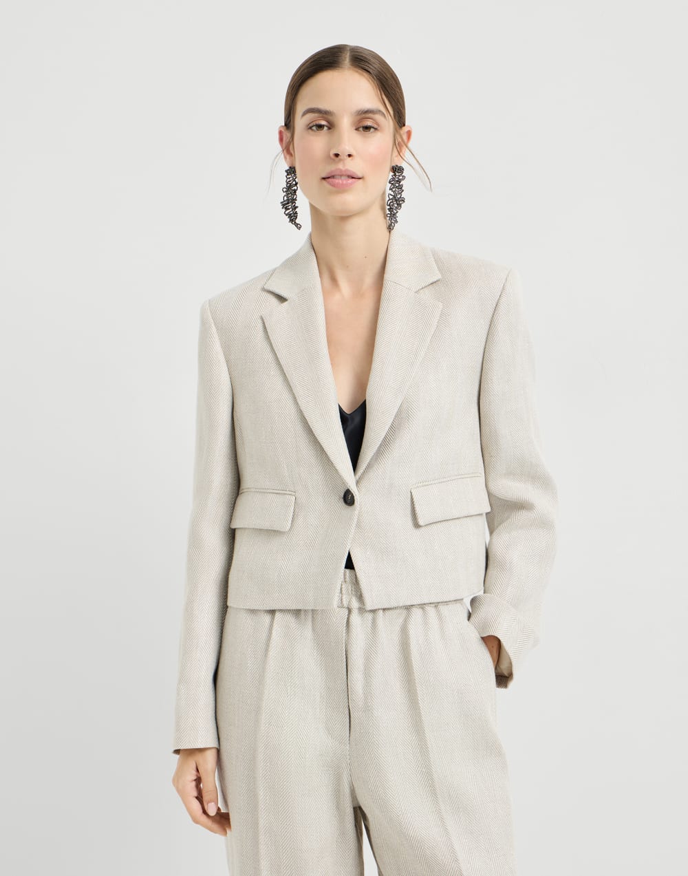 Crop-Blazer in Fischgrat Beige Damen - Brunello Cucinelli