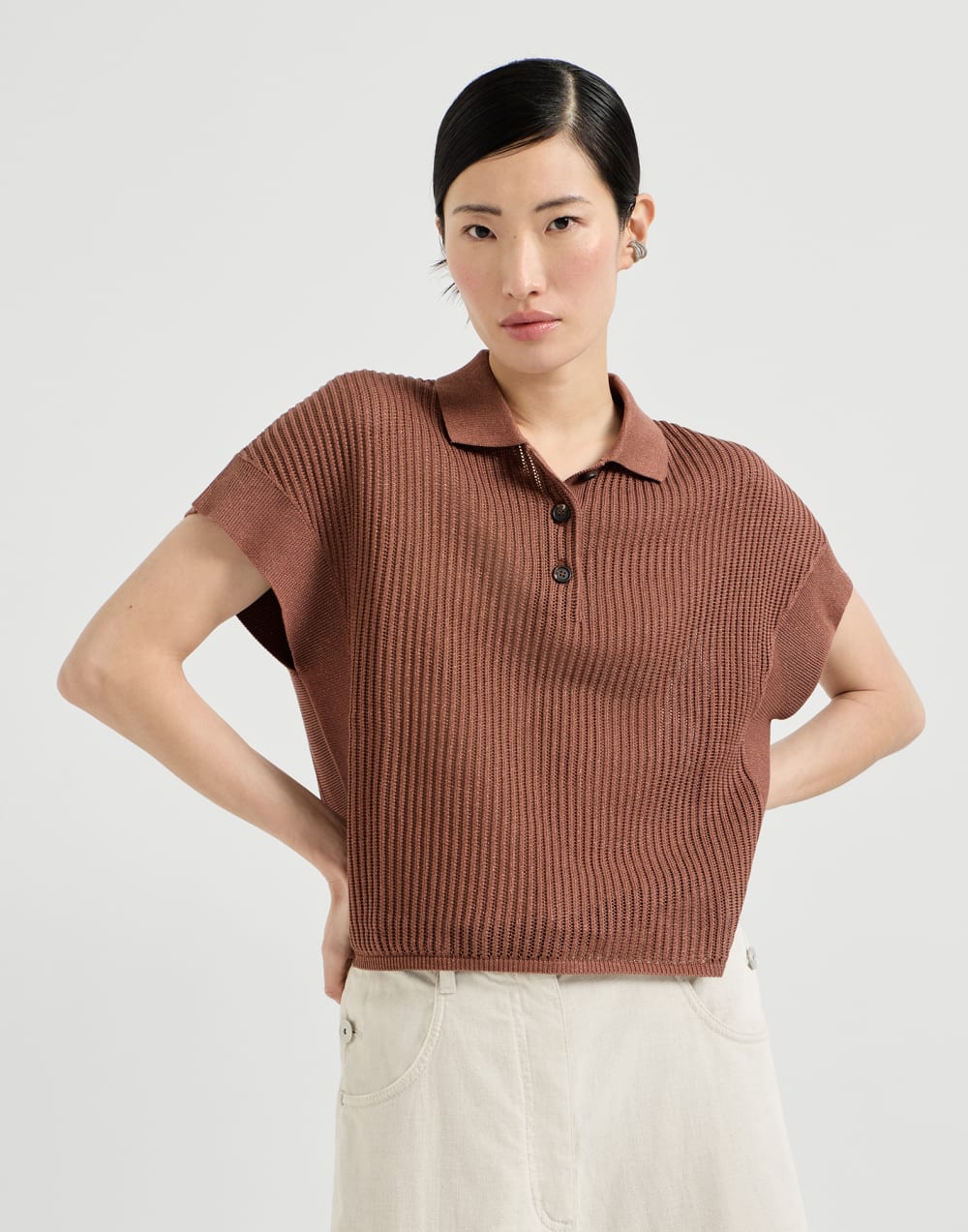Poloshirt in Rippenstrick Ziegelrot Damen - Brunello Cucinelli