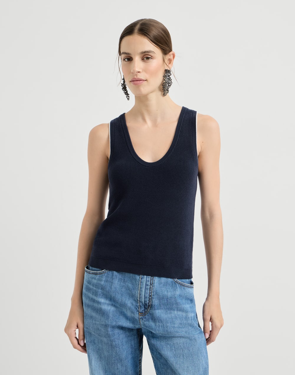 Cotton ribbed knit top Blue Woman - Brunello Cucinelli