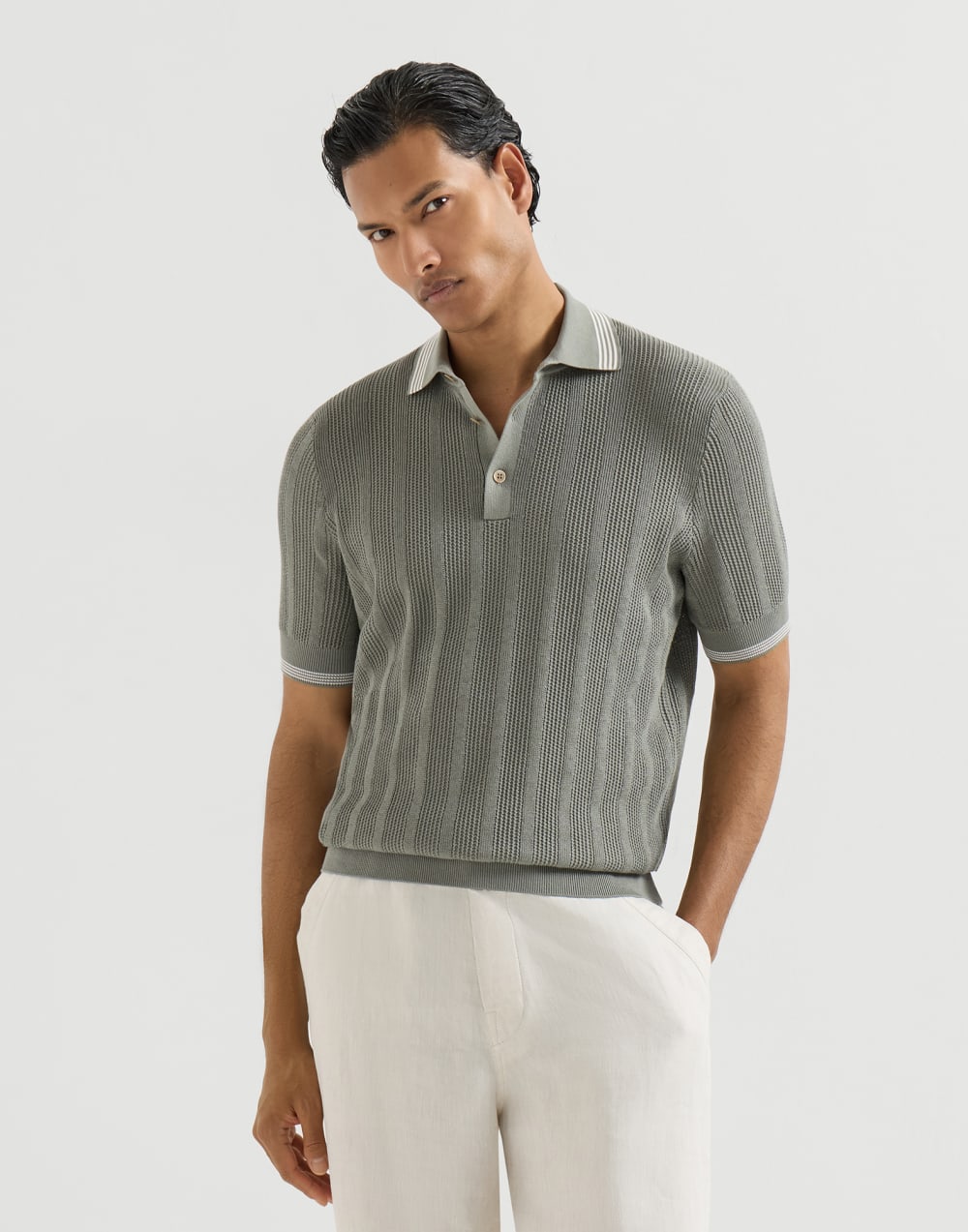 Cotton knit polo Khaki Man - Brunello Cucinelli