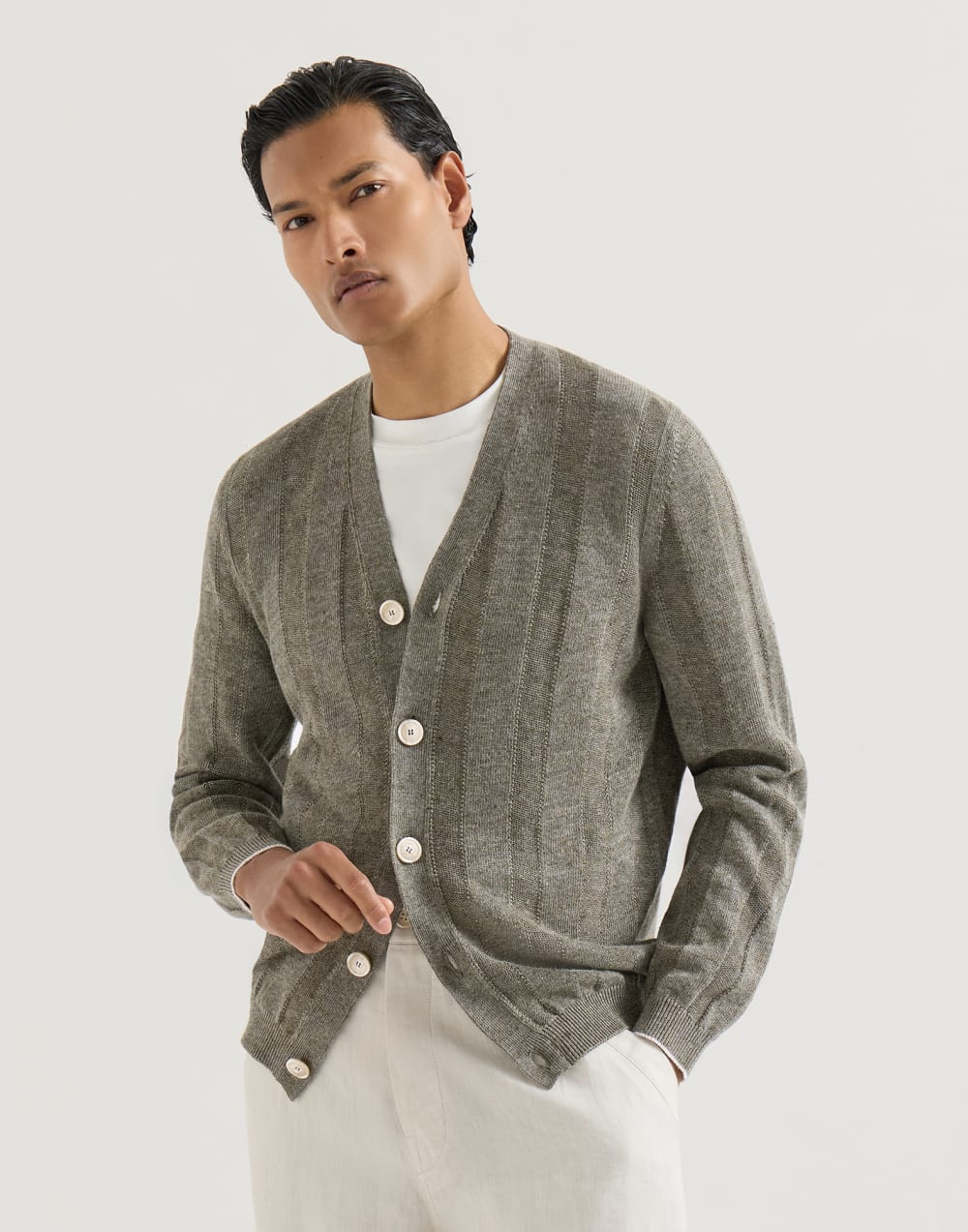 Linen and cotton cardigan Olive Man - Brunello Cucinelli