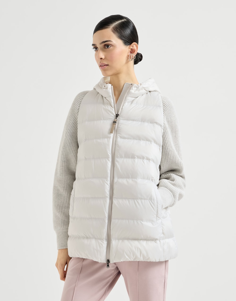Daunenjacke aus Nylon mit Kapuze Hellgrau Damen - Brunello Cucinelli