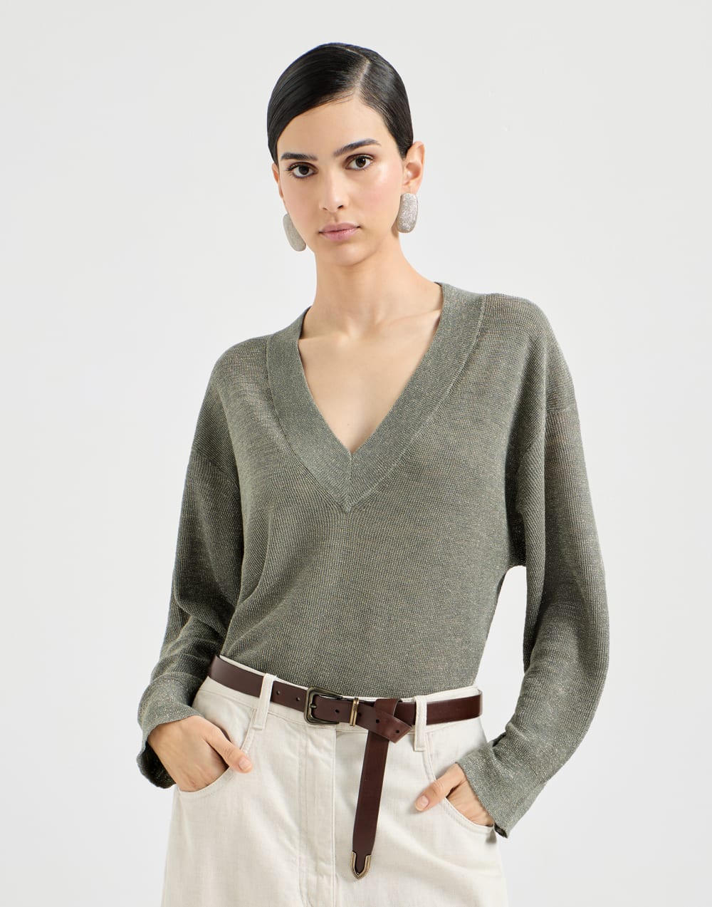Pullover aus Leinen Kaki Damen - Brunello Cucinelli