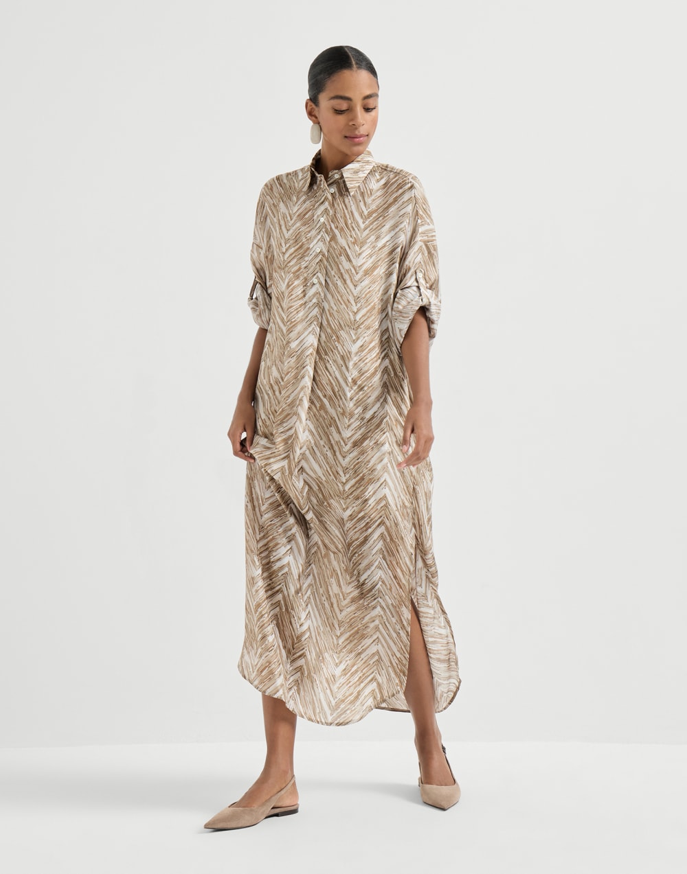 Kleid in Fischgrat-Print Beige Damen - Brunello Cucinelli