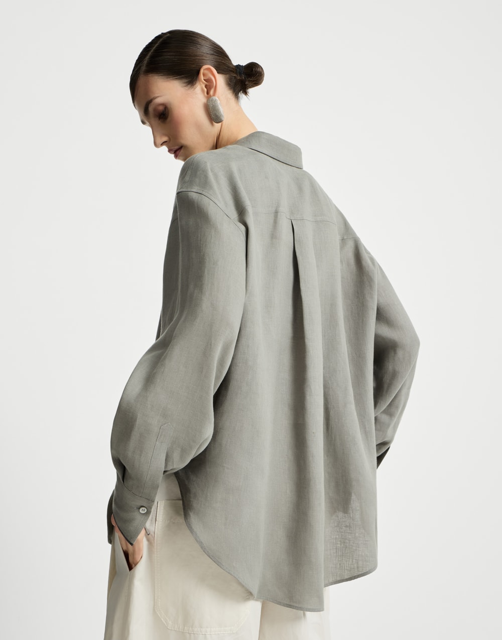 Bluse aus Leinen mit Monili Kaki Damen - Brunello Cucinelli