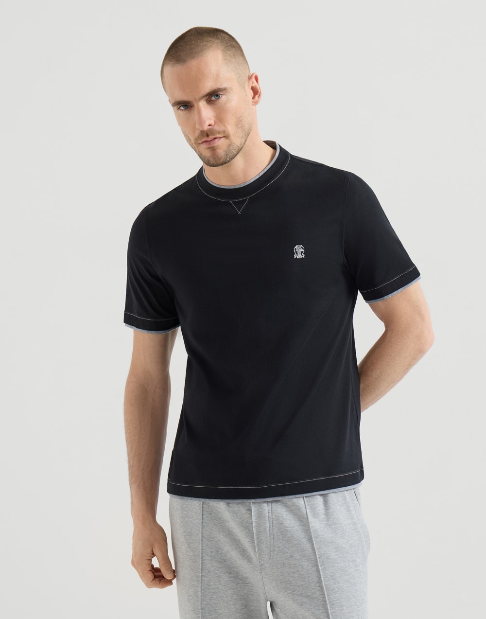T-shirt with faux-layering Black Man - Brunello Cucinelli