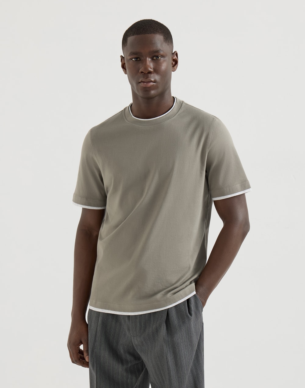 T-Shirt mit Faux-Layering Kaki Herren - Brunello Cucinelli