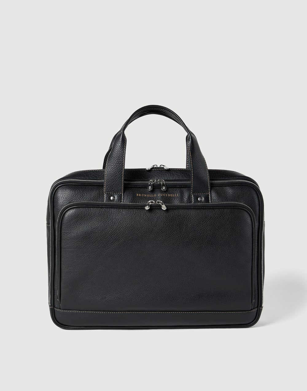 粒面小牛皮拉链公文包 黑色 男款 - Brunello Cucinelli
