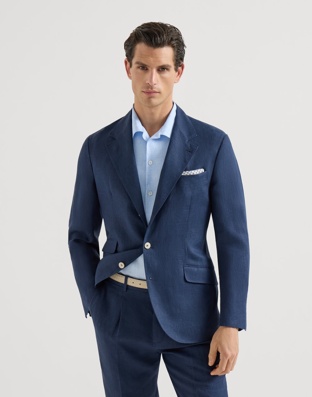 Linen deconstructed blazer Navy Blue Man - Brunello Cucinelli