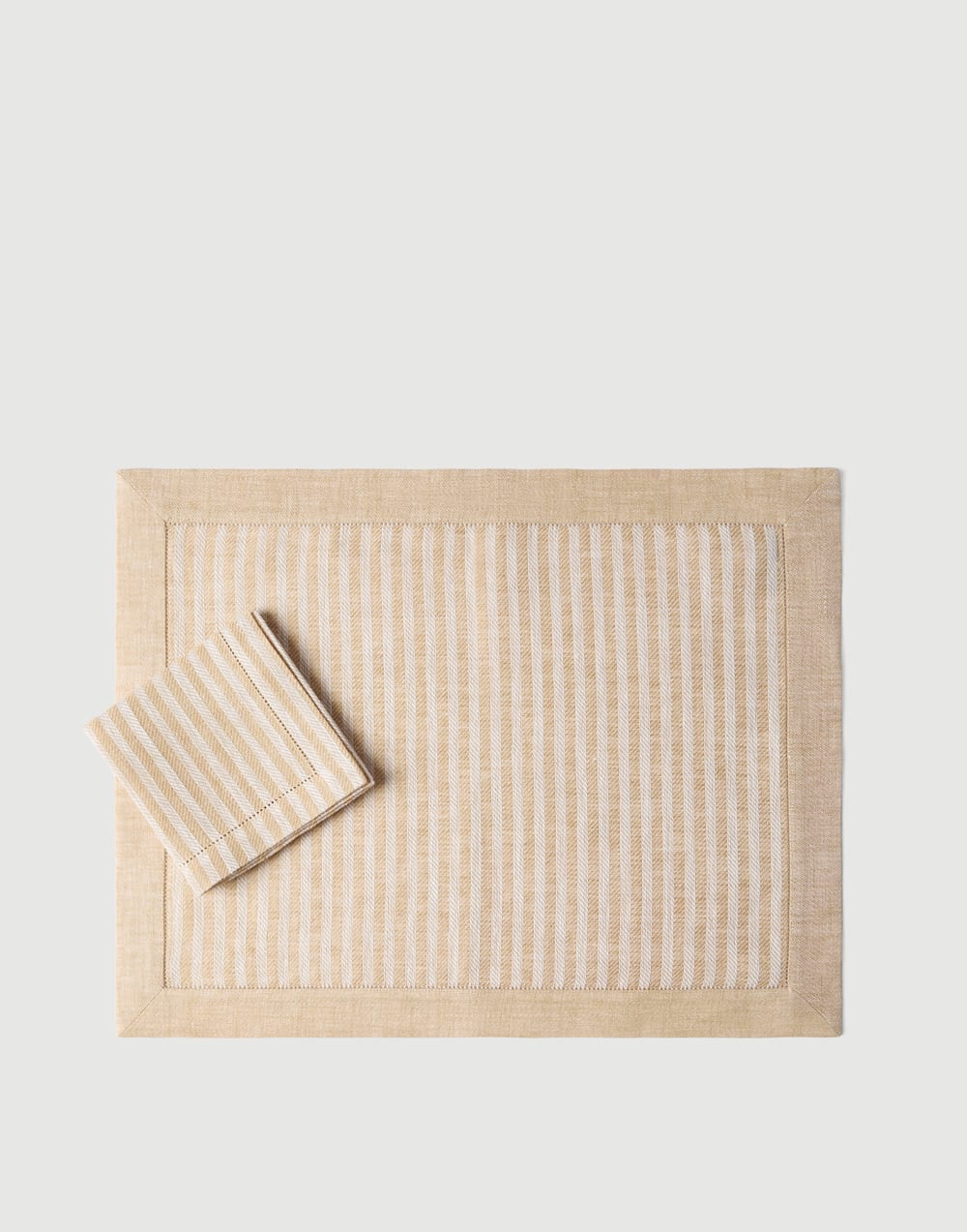 Chalk stripe linen placemat and napkin set Camel Lifestyle - Brunello Cucinelli