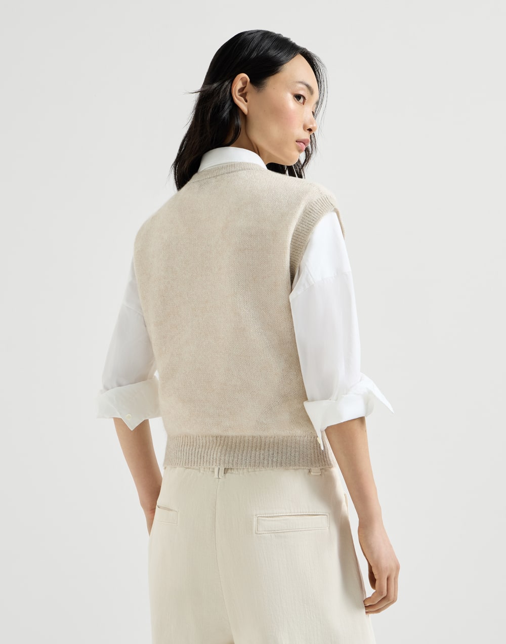 Sparkling mohair and wool T-shirt Ivory Woman - Brunello Cucinelli
