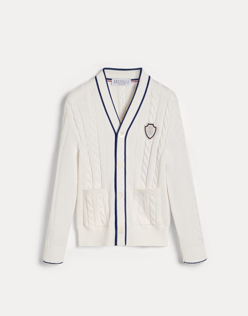 Cotton cable knit cardigan with logo White Boys - Brunello Cucinelli