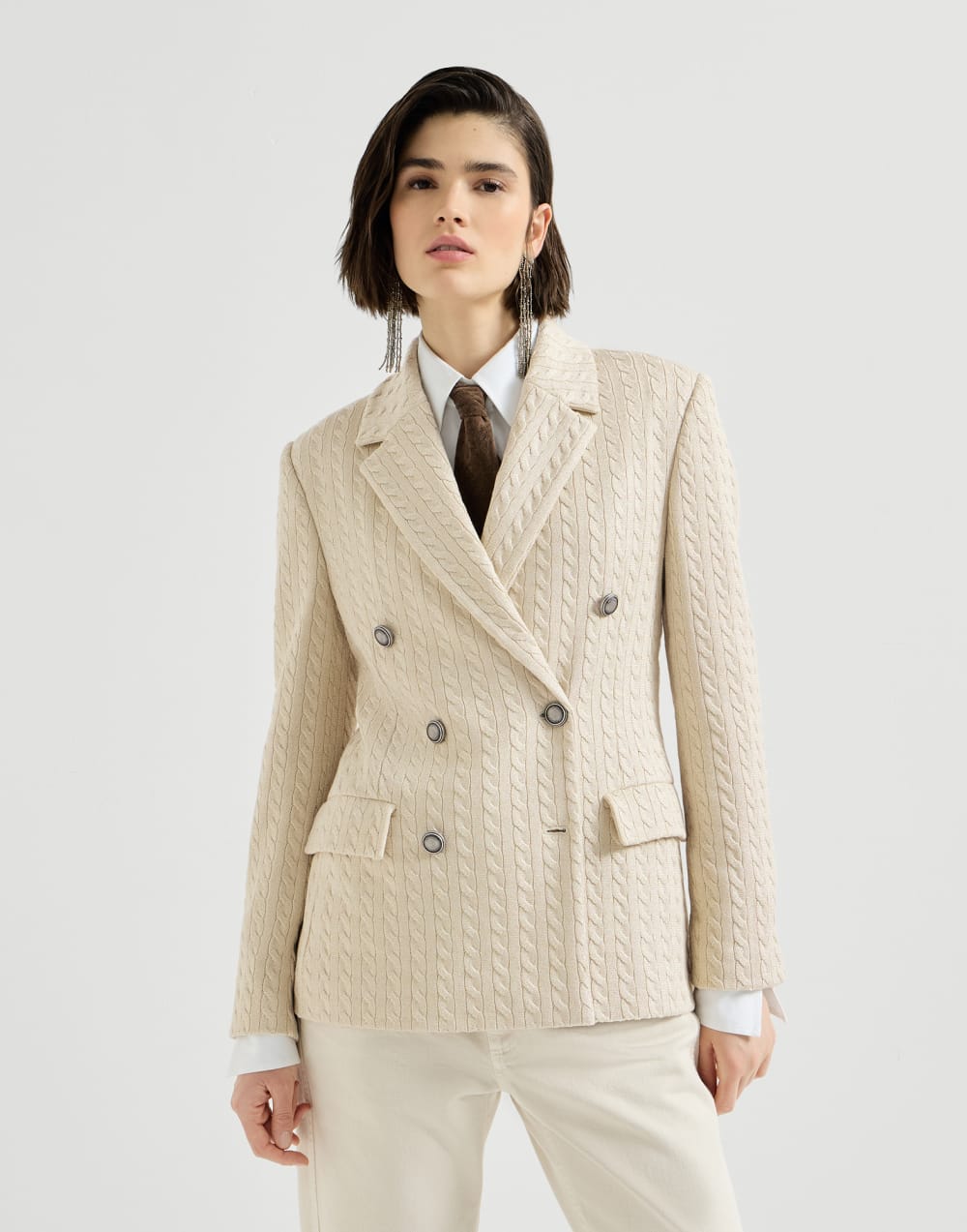 镶珠装饰闪烁针织夹克 米白 女款 - Brunello Cucinelli