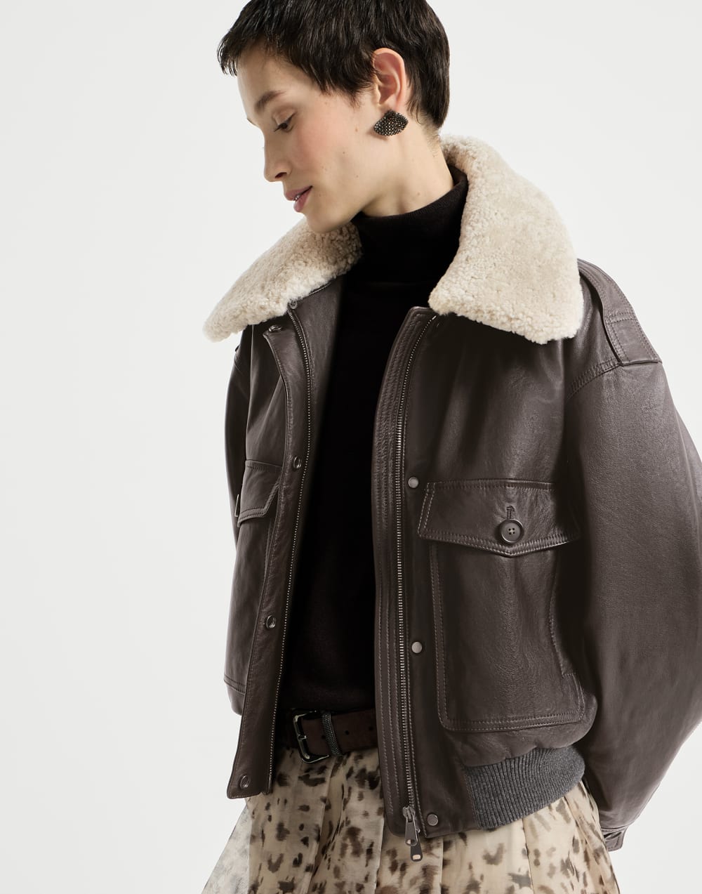 Aviator jacket with detachable collar Coffee Woman - Brunello Cucinelli