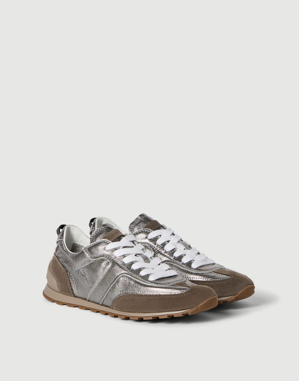 Zapatillas en piel de becerro lamé y ante Plata Mujer - Brunello Cucinelli