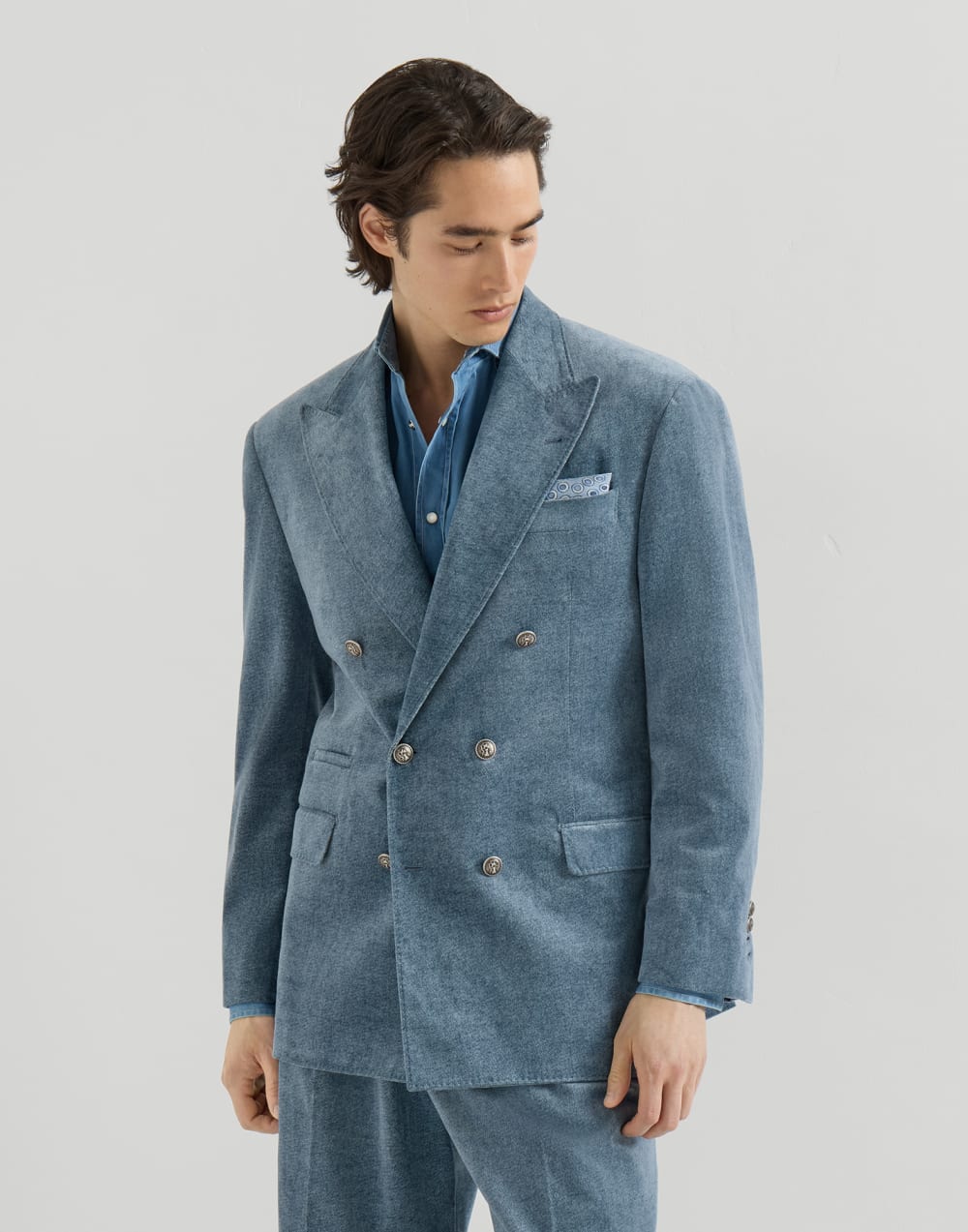 Denim-effect velvet Tailor blazer Cerulean Man - Brunello Cucinelli
