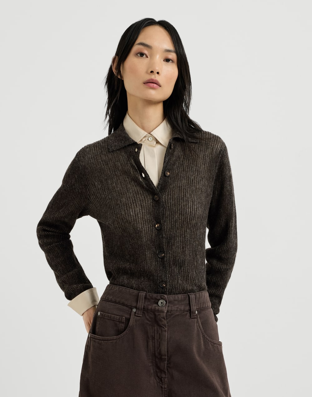 闪烁罗纹开衫 钢灰色 女款 - Brunello Cucinelli